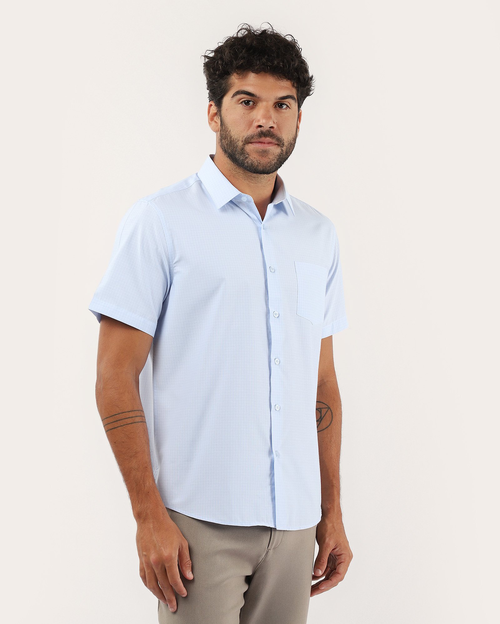 Camisa masculina regular quadriculada com bolso azul