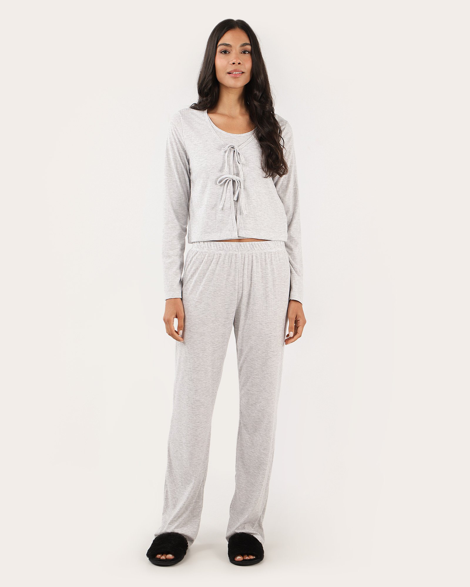Pijama longo feminino 3 peças canelado com laço cinza | Riachuelo