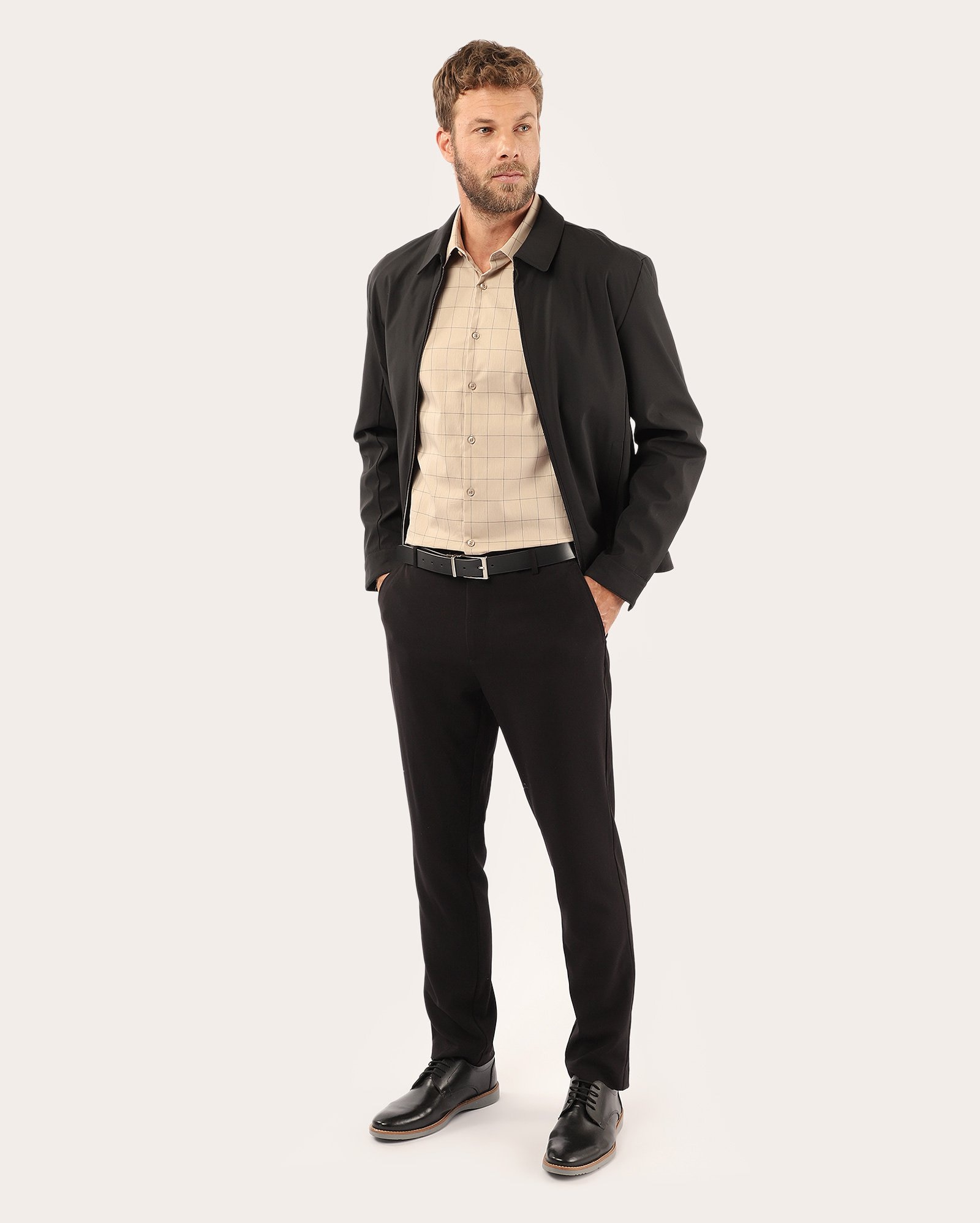 Camisa social masculina slim quadriculada bege
