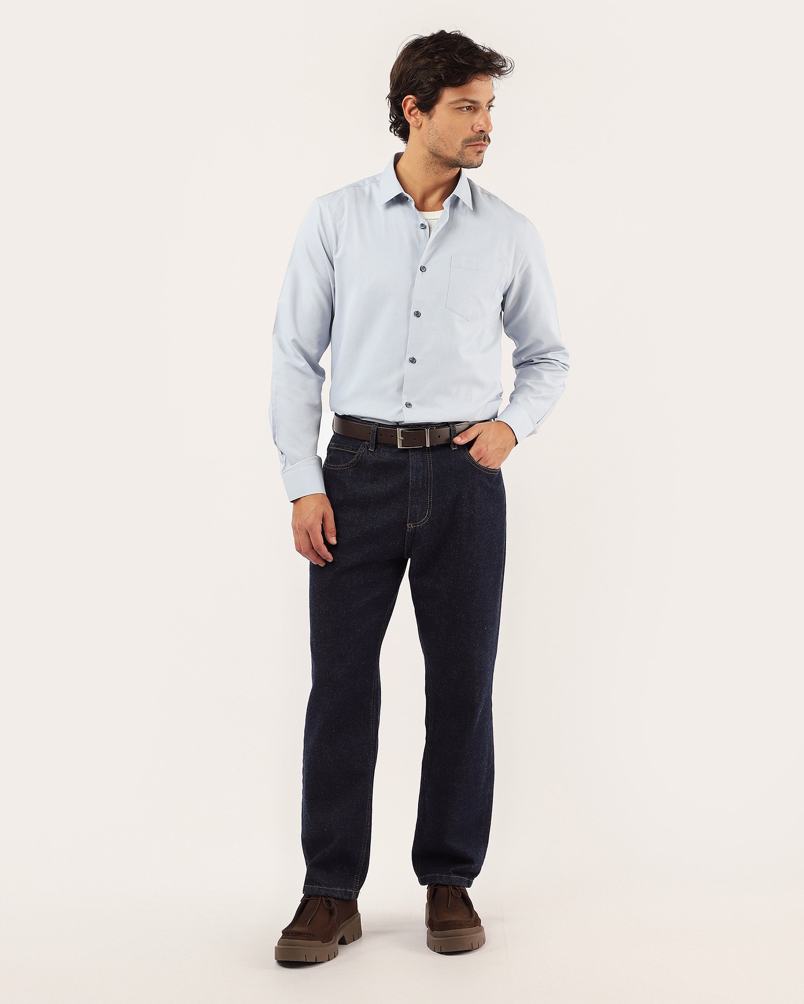 Camisa social masculina fio tinto com bolso - azul