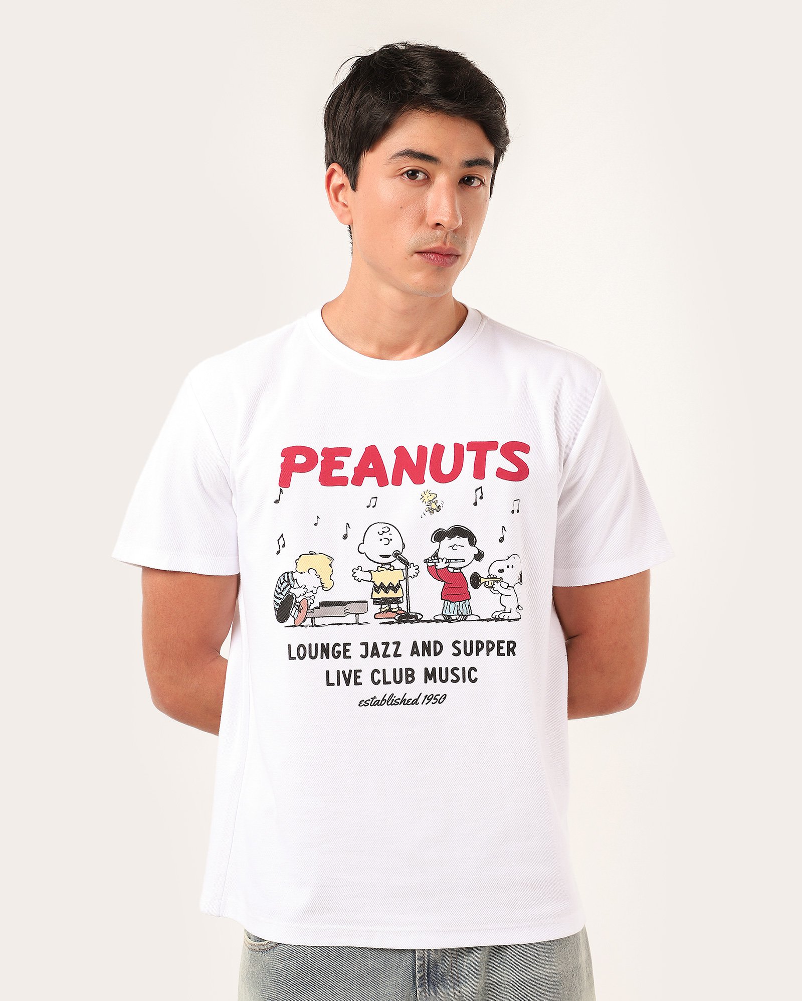 Camiseta masculina regular jazz Peanuts branca | FANLAB