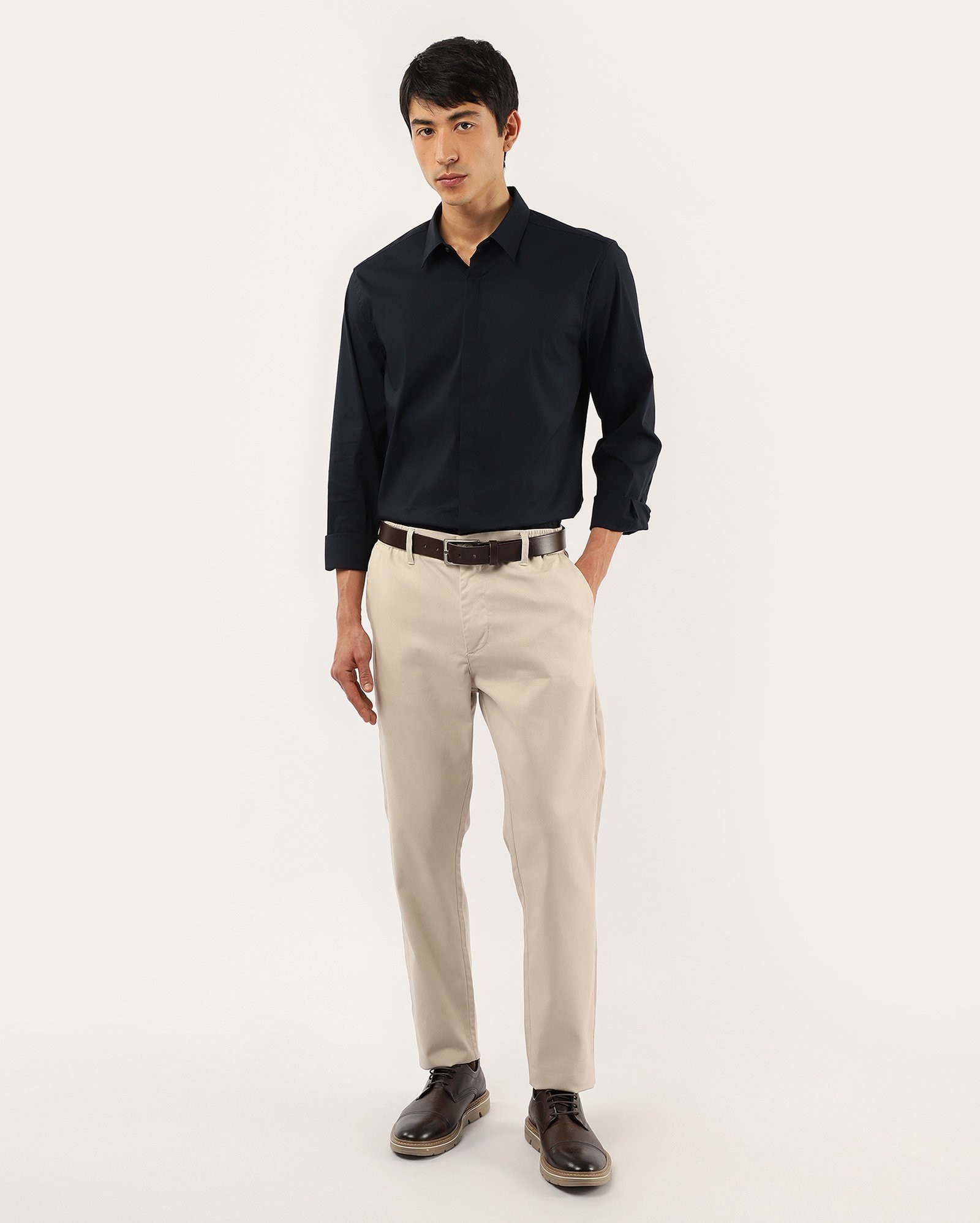 Camisa social masculina regular manga longa - Azul Escuro
