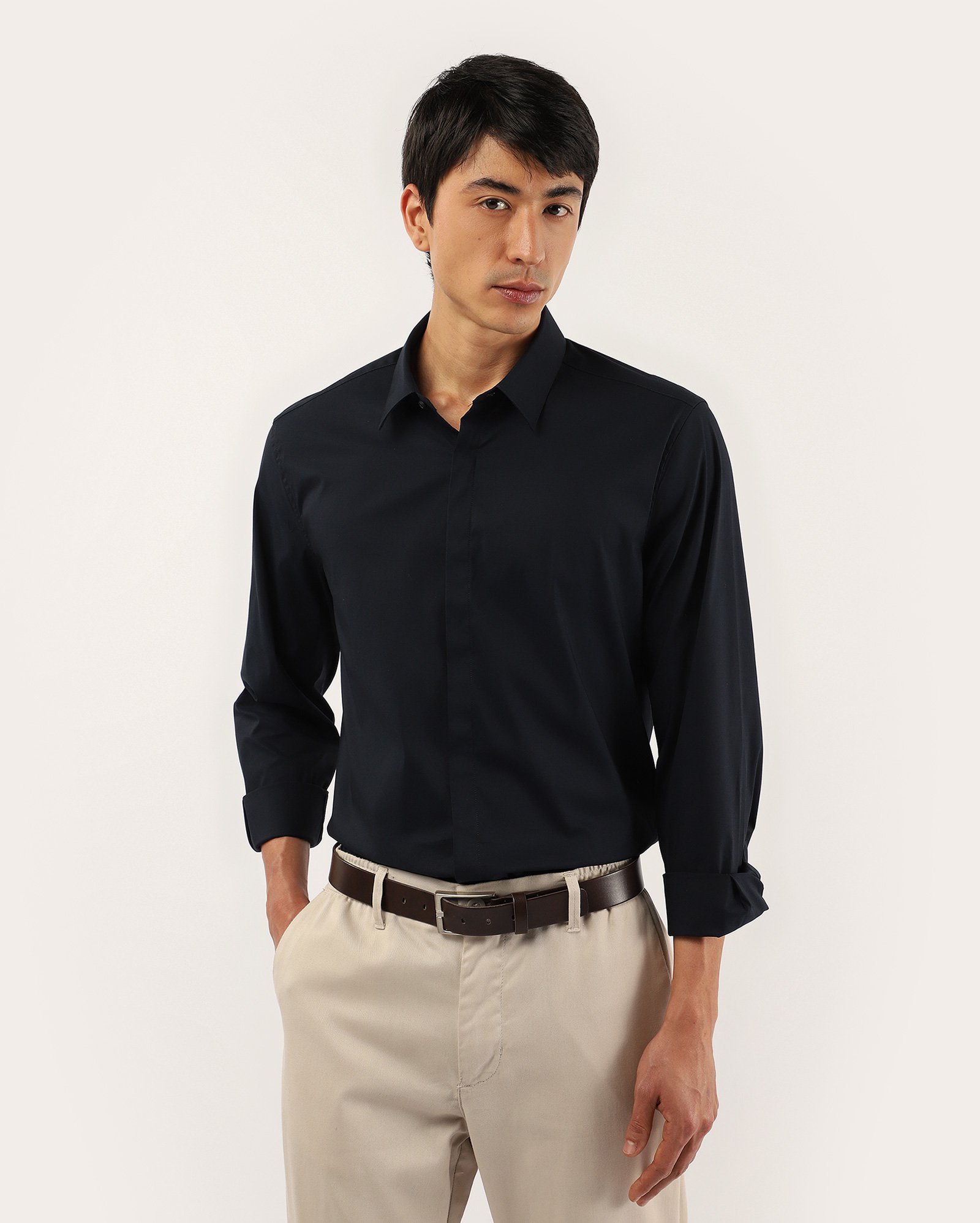 Camisa social masculina regular manga longa - Azul Escuro