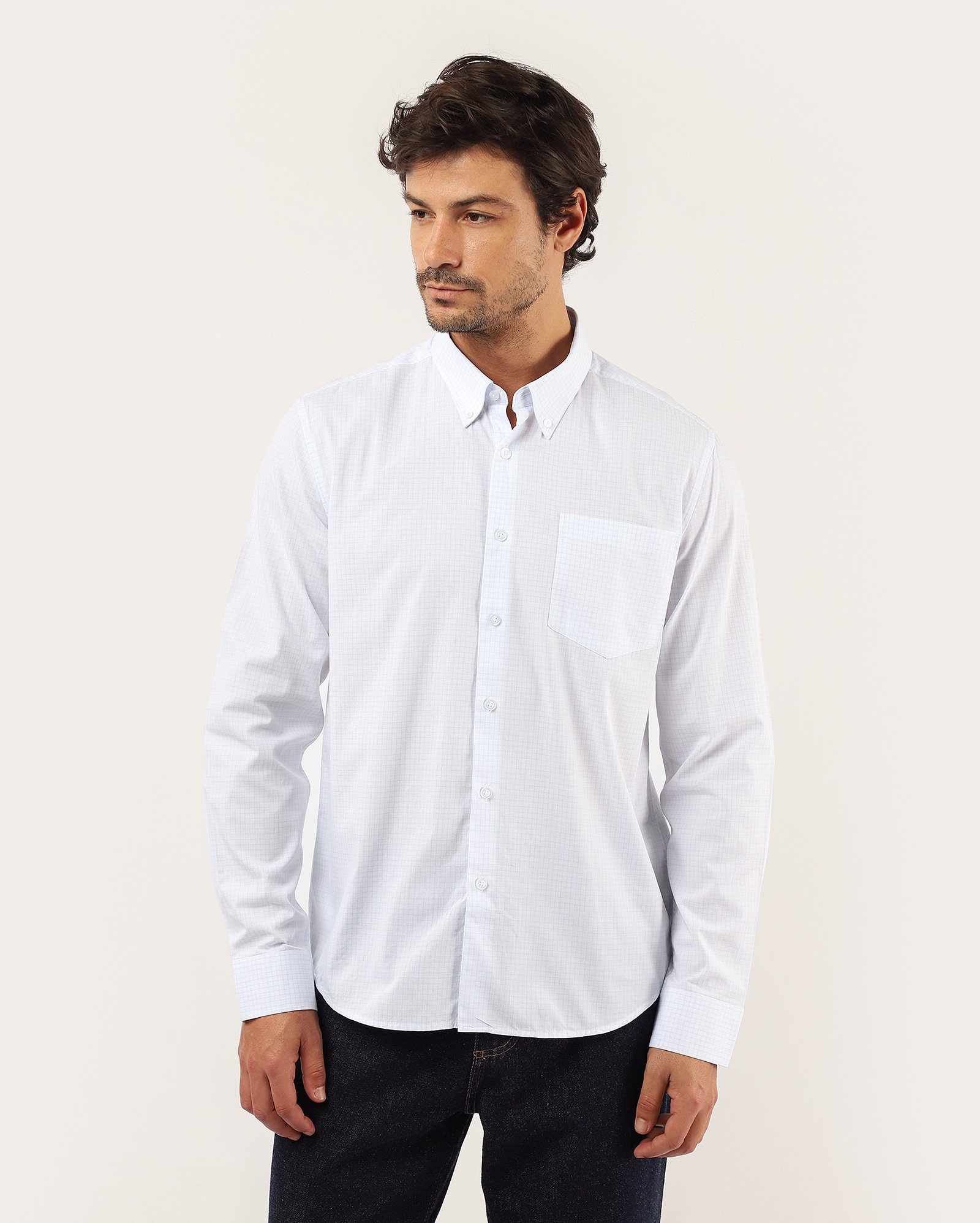 Camisa social masculina quadriculada com bolso - branca