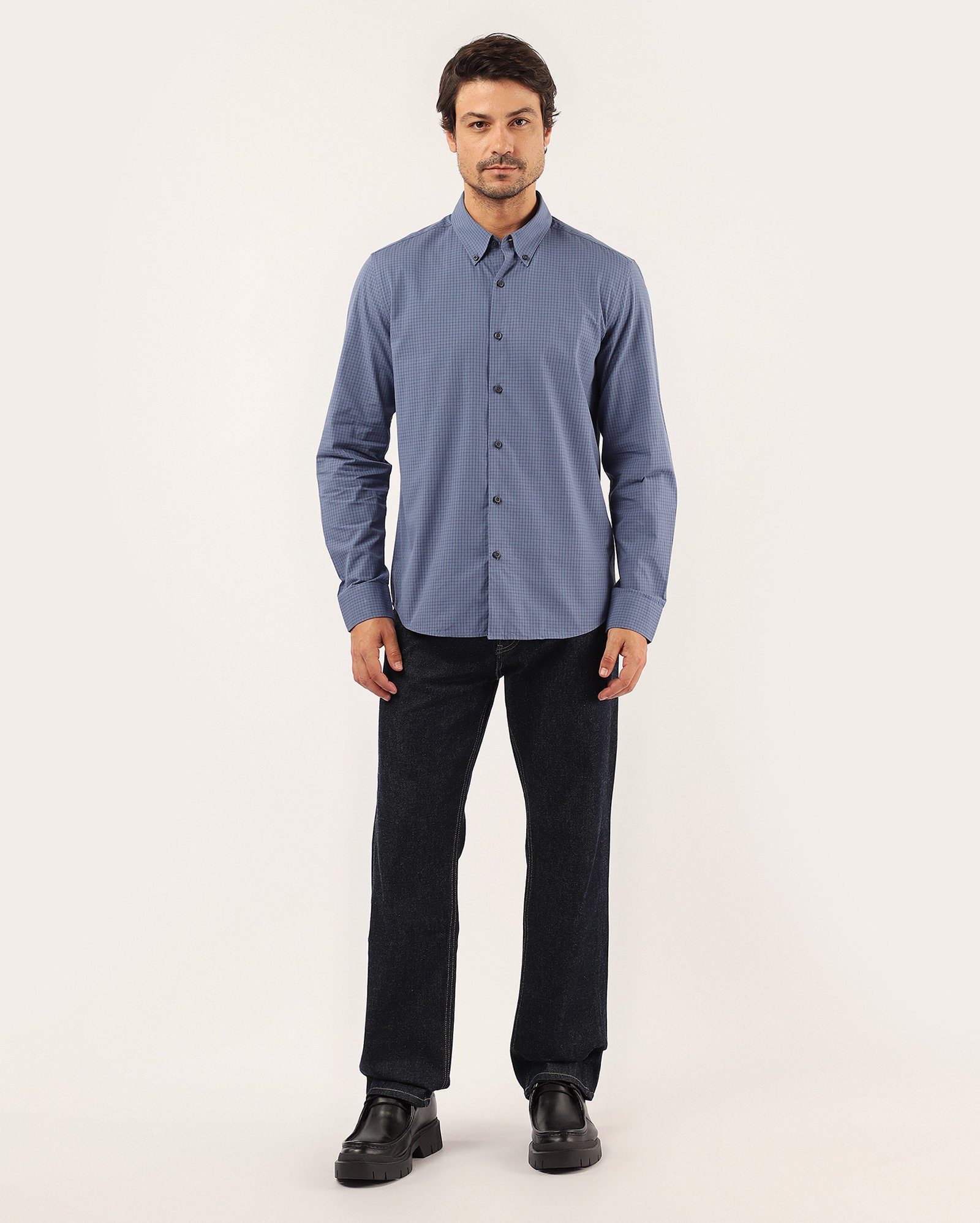 Camisa masculina regular quadriculada manga longa - azul