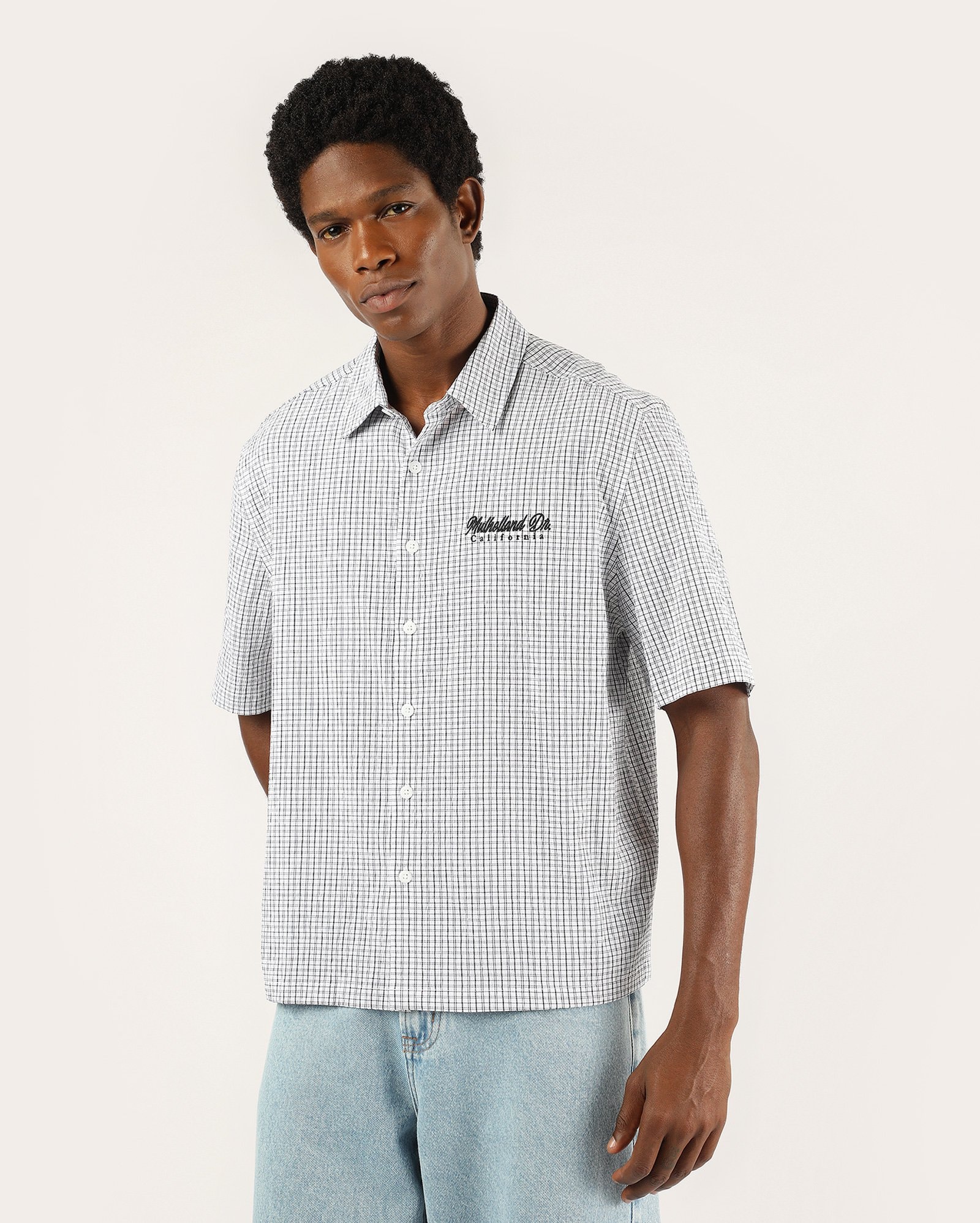 Camisa masculina regular xadrez texturizada - branca