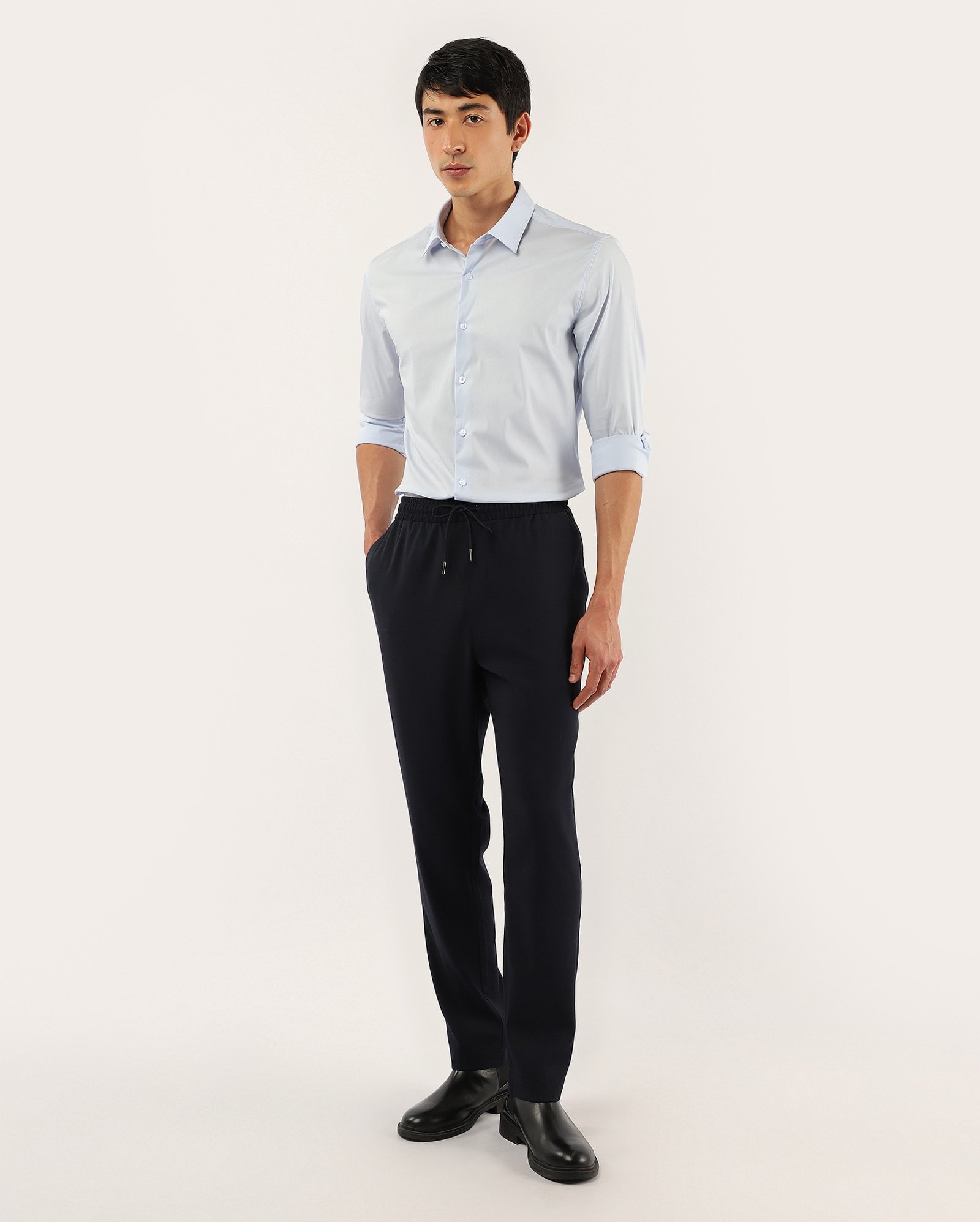 Calça masculina reta com cós elástico - Azul Escuro