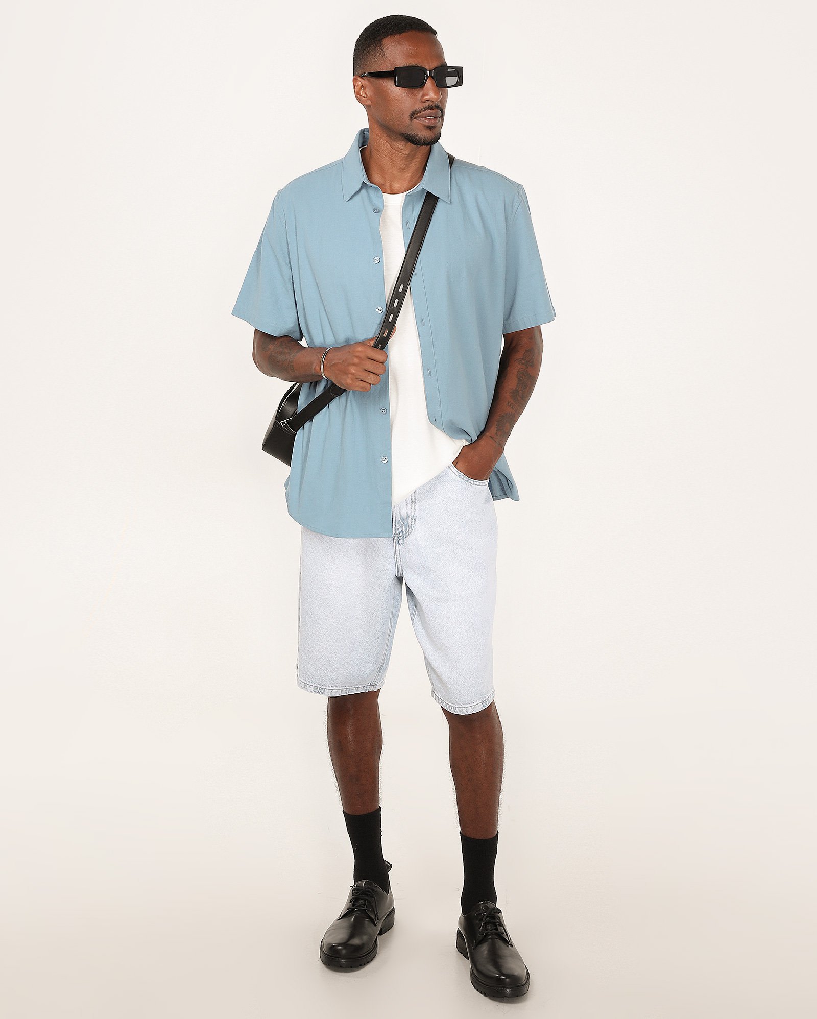 Bermuda jeans masculina wide leg com bolsos denim claro | Pool Jeans