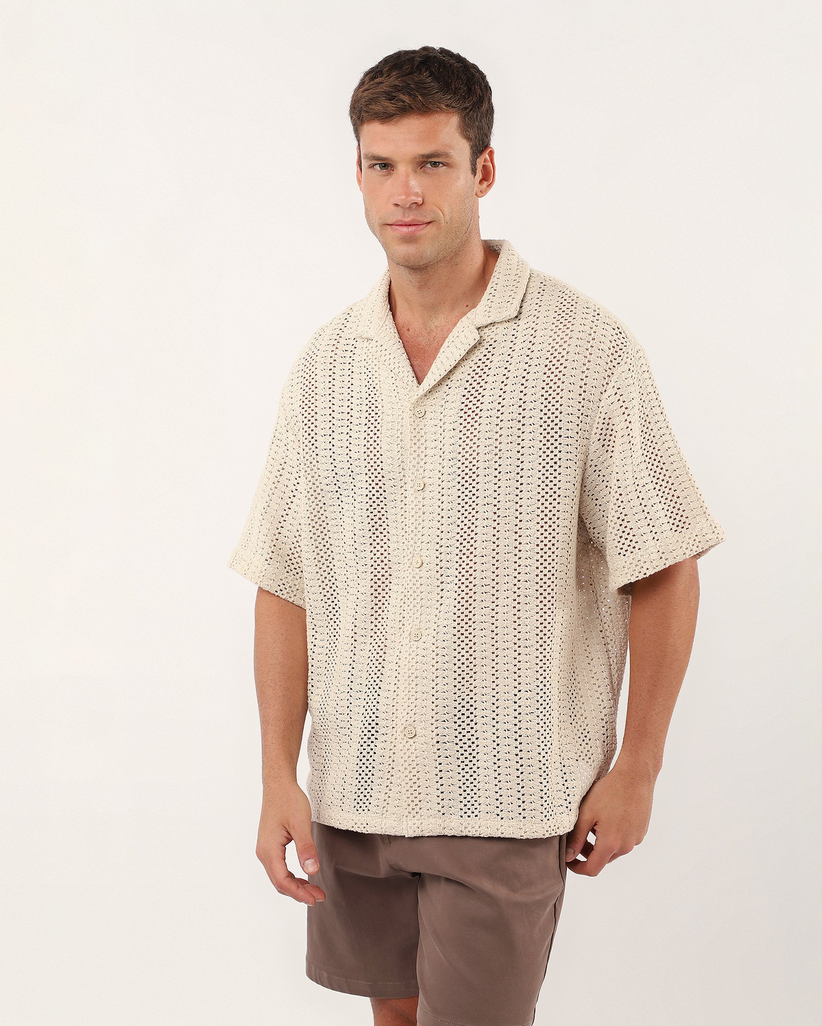 Camisa masculina bowling em tricot - bege