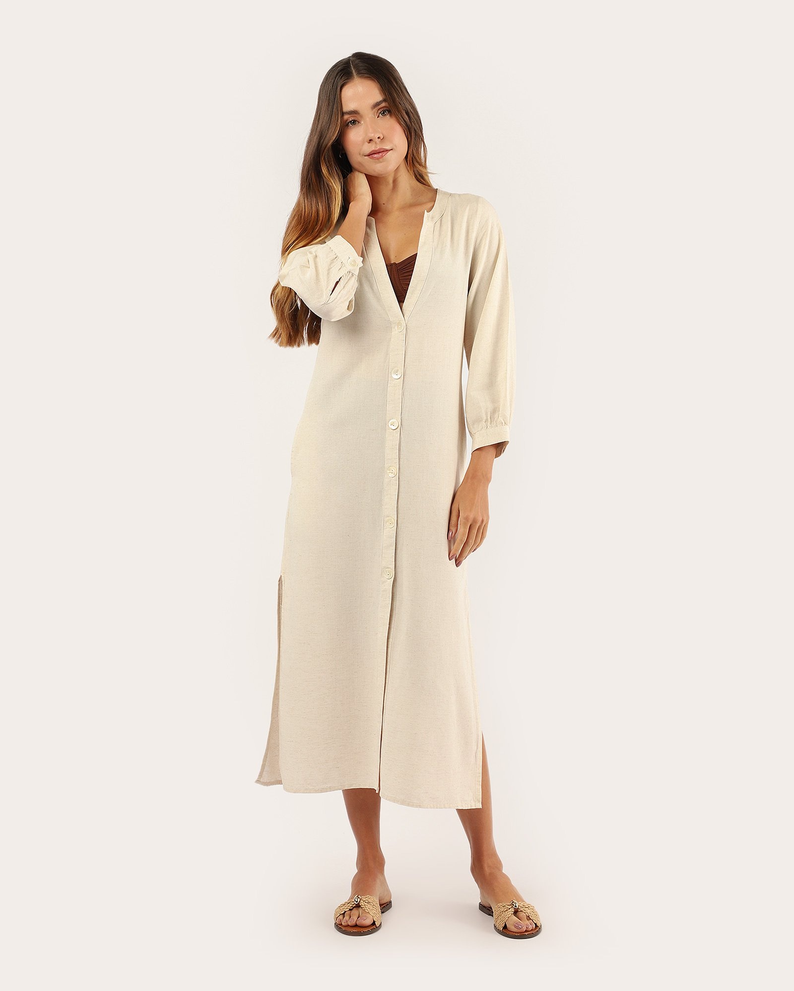 Saída de praia chemise longa em viscolinho - bege