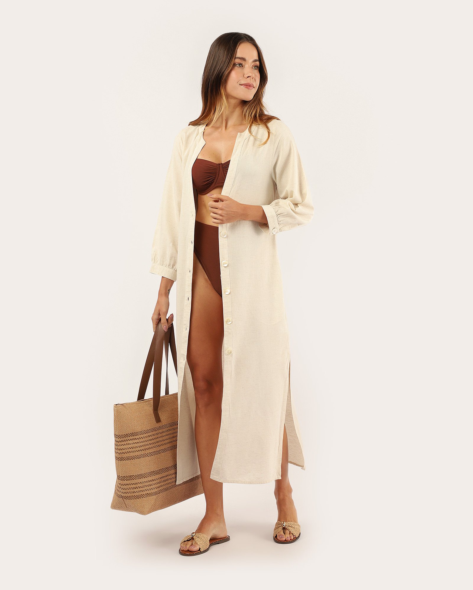 Saída de praia chemise longa em viscolinho - bege