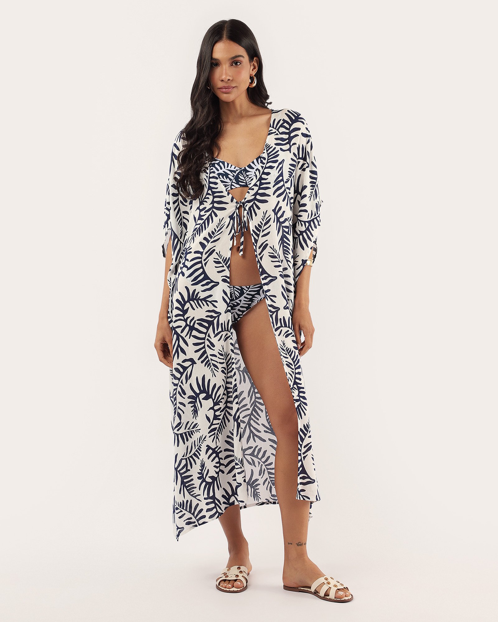 Saída de praia vestido midi folhagens em viscose off-white