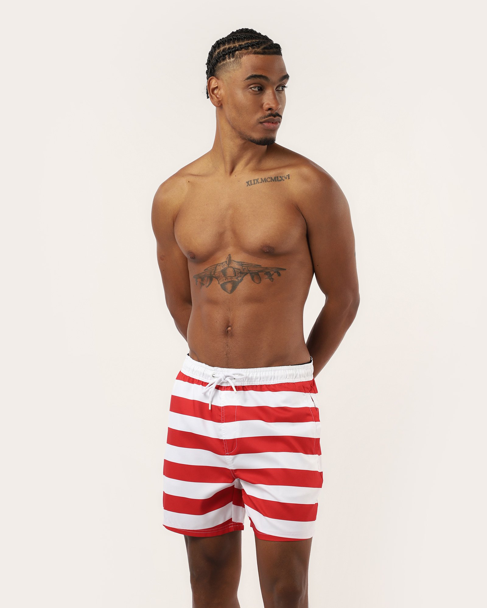 Short água masculino listras com cordão vermelho