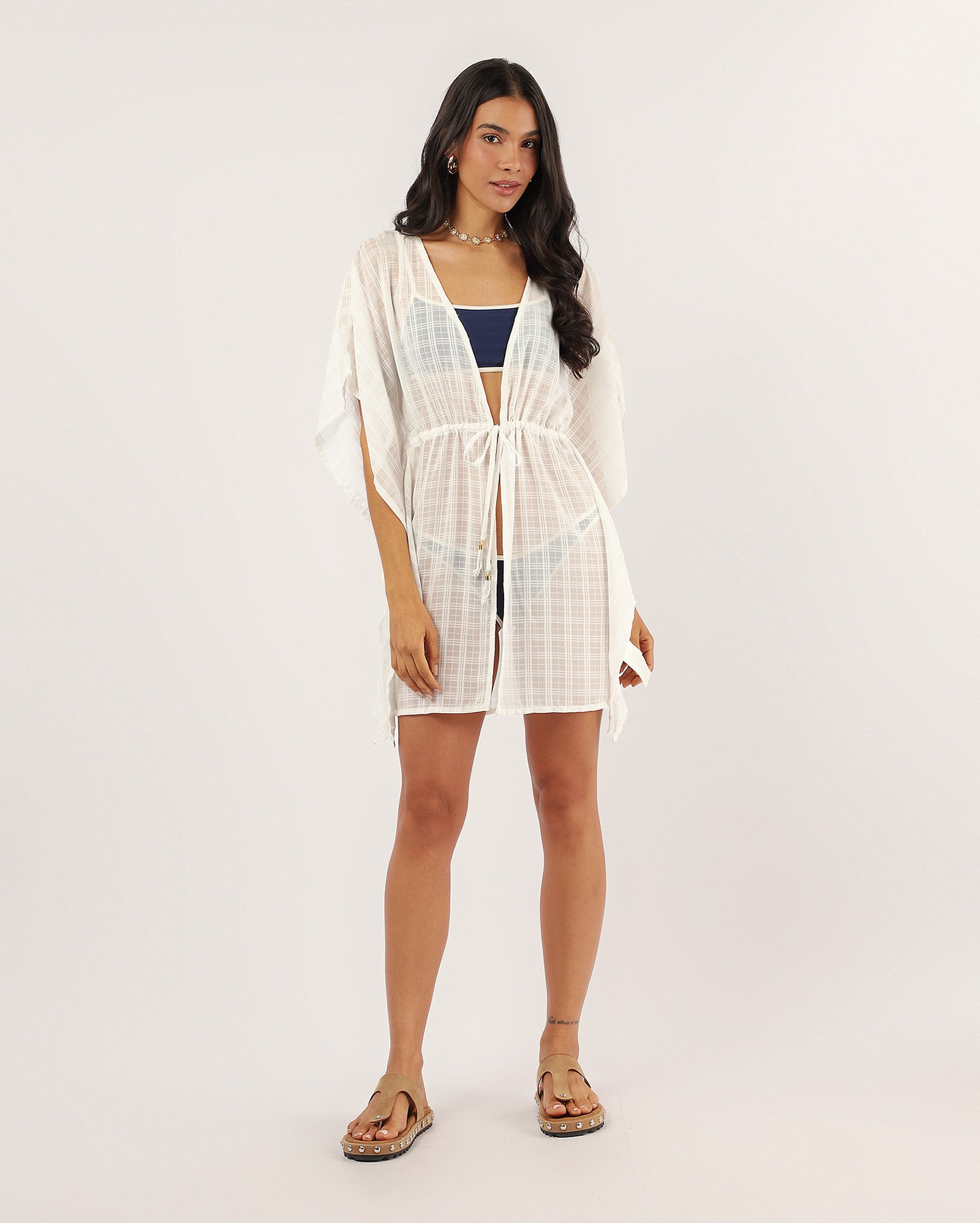 Saída de praia vestido evasê xadrez com amarração - branco