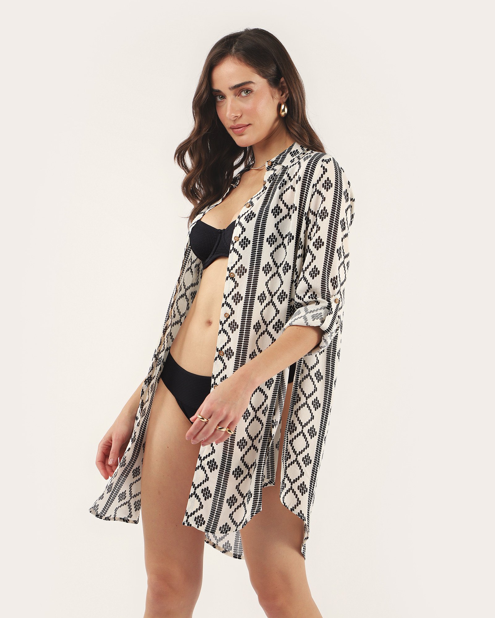 Saída de praia chemise em viscose estampada bege | Dript by Riachuelo