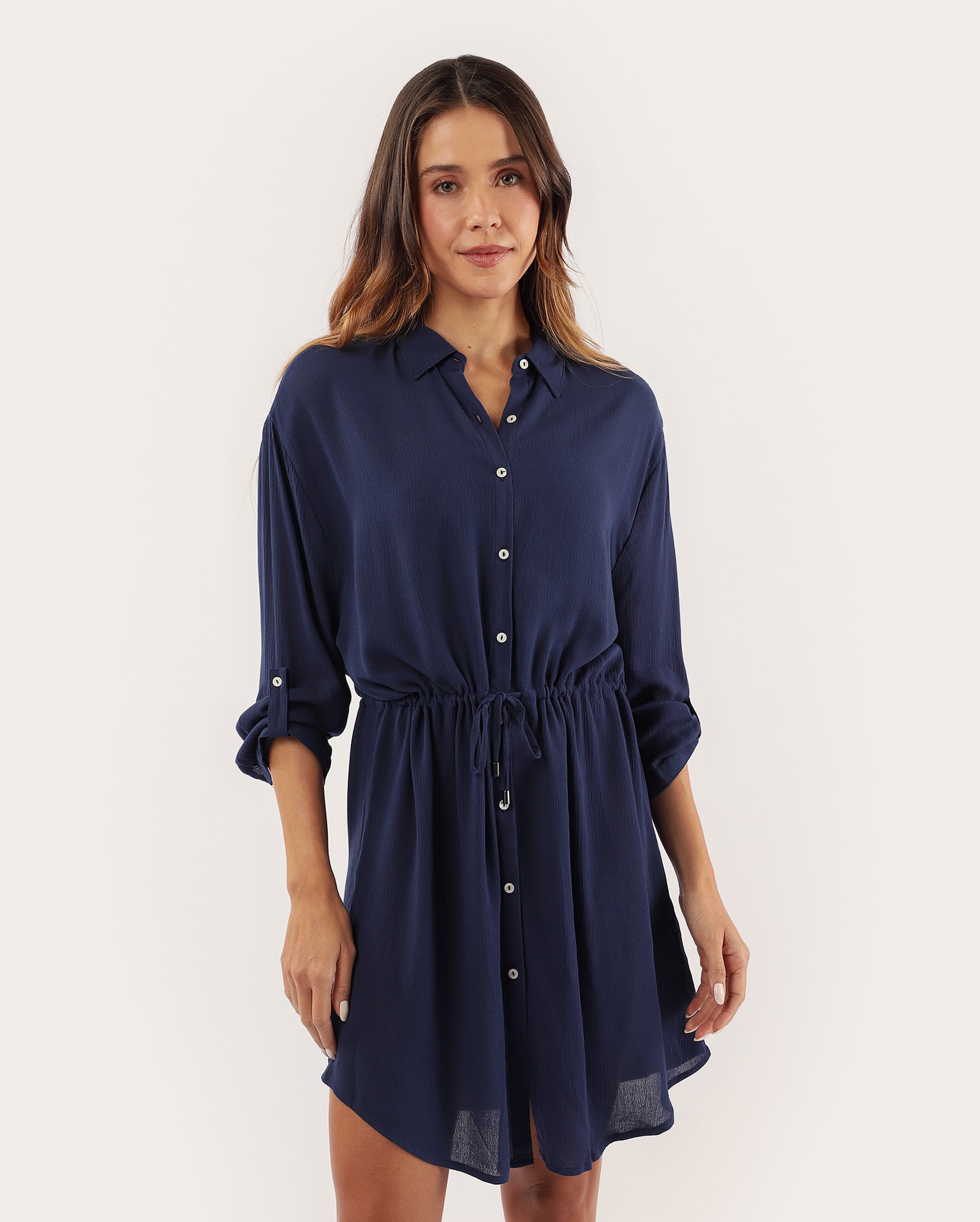 Saída de praia chemise em viscose com ajuste azul