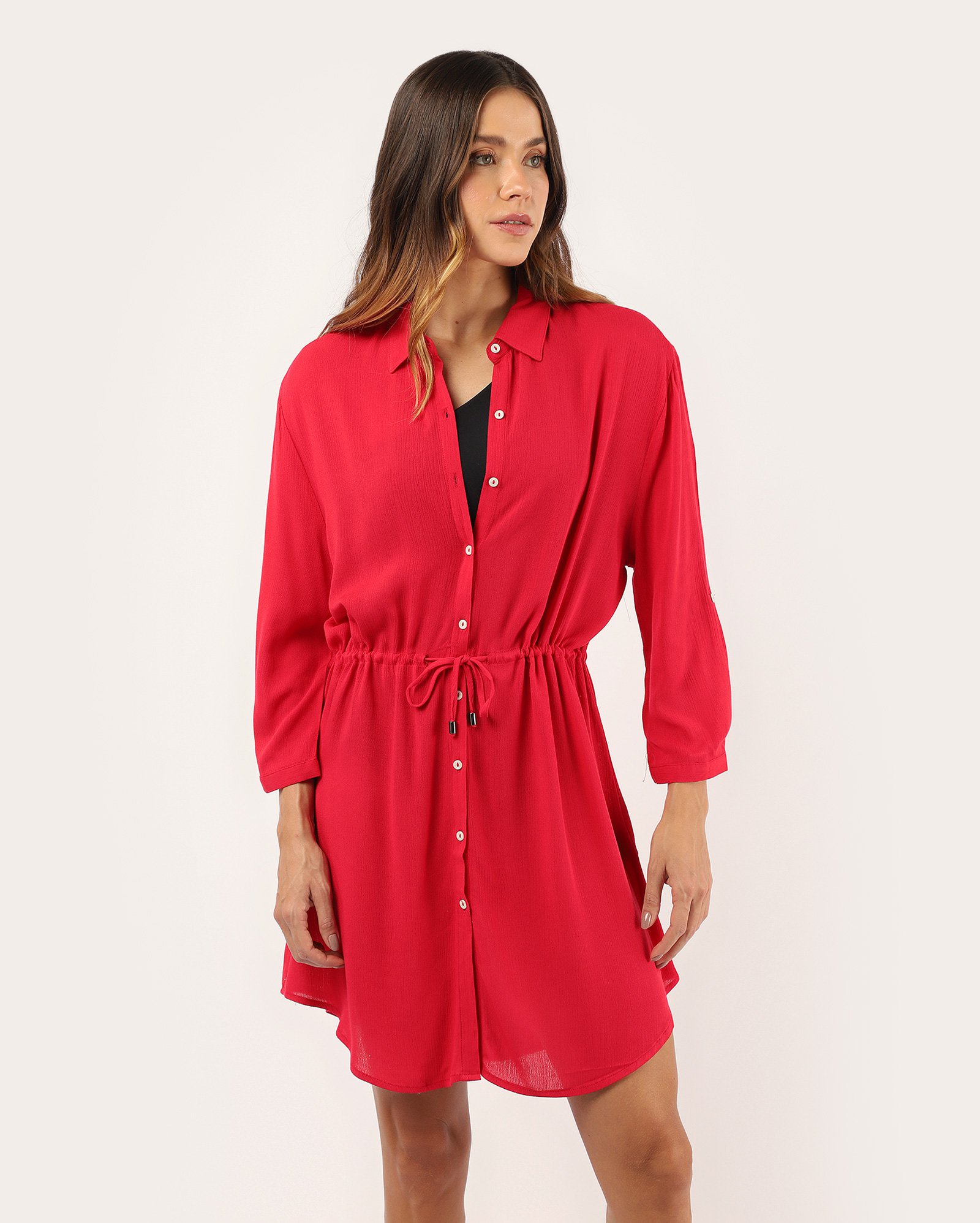 Saída de praia chemise em viscose com ajuste - vermelha