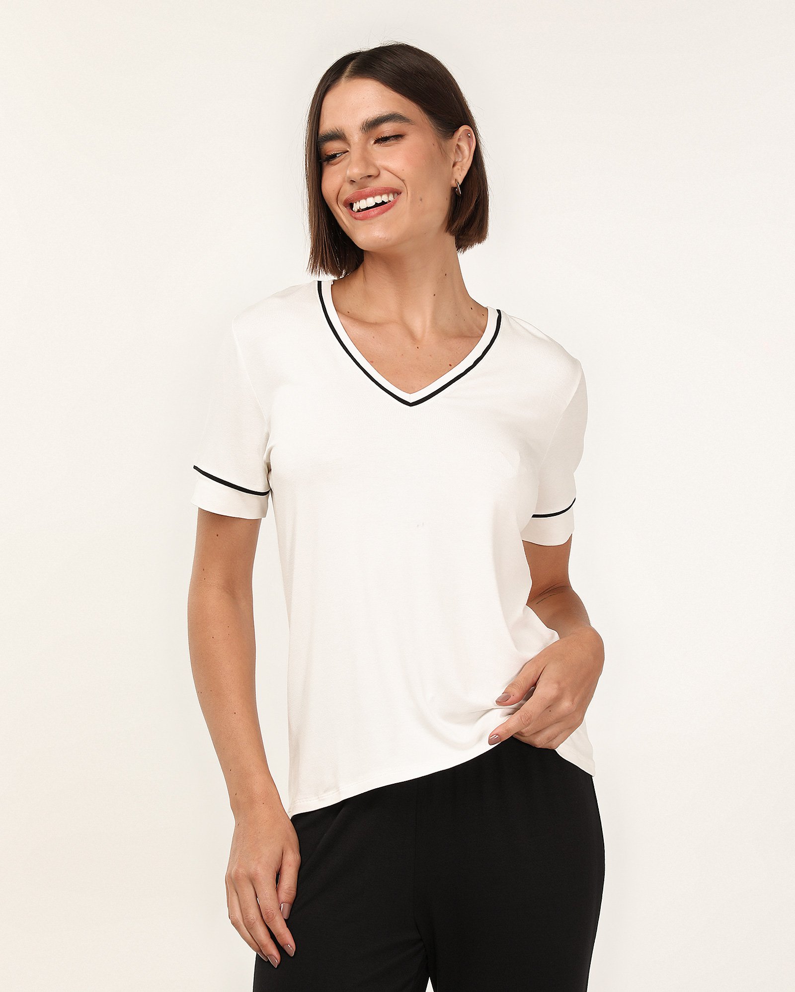 Blusa pijama feminina gola v com filete branca | Riachuelo