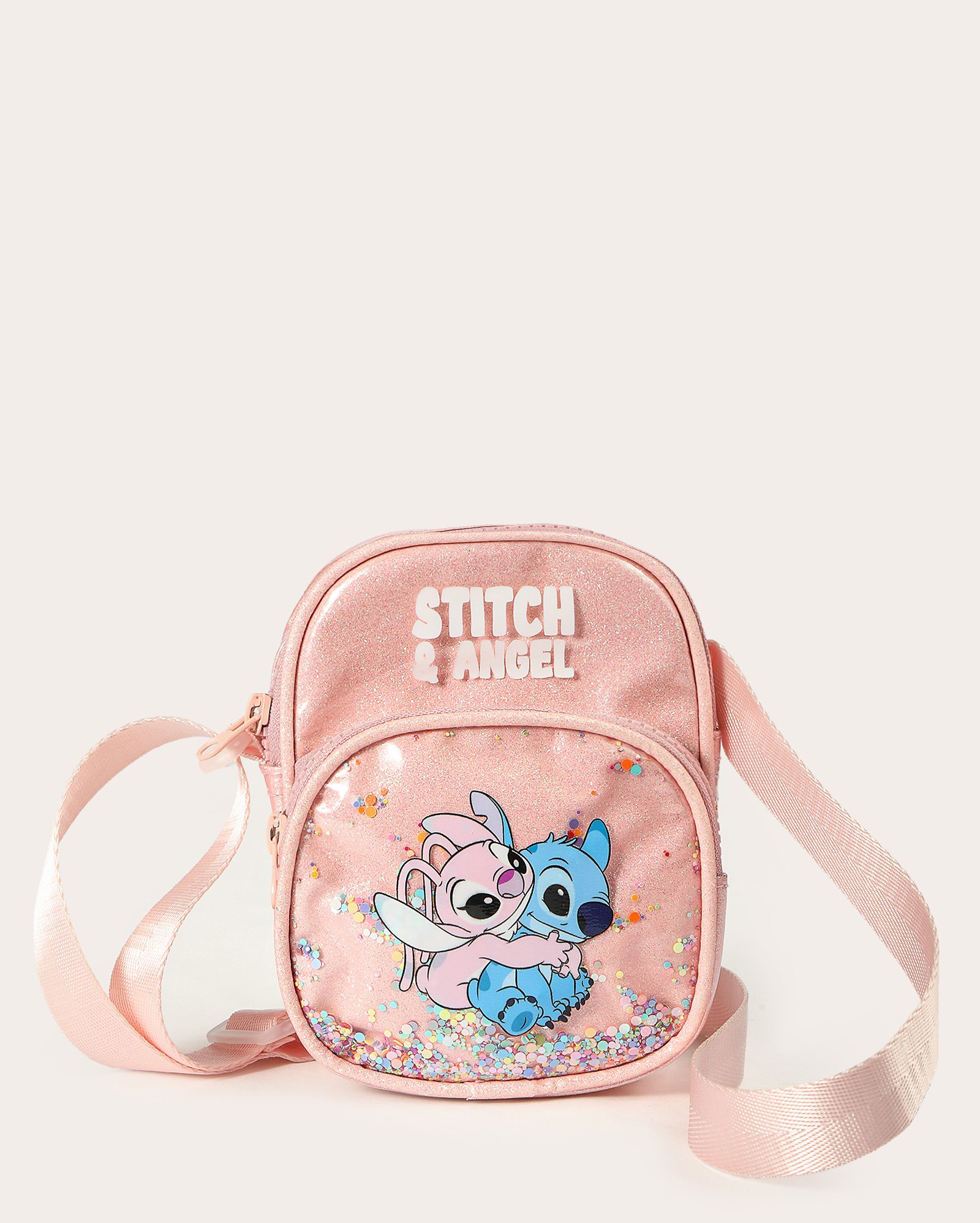 Bolsa infantil P crossbody com zíper Stitch e Angel rosa | Disney