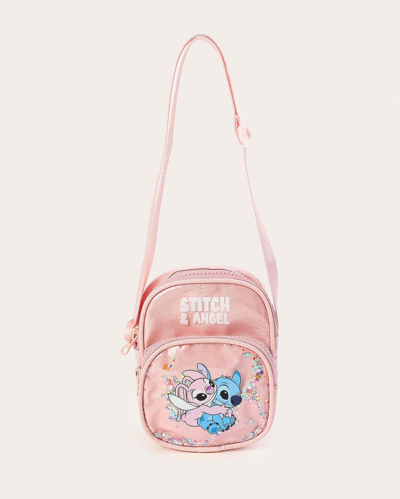 Bolsa infantil P crossbody com zíper Stitch e Angel rosa | Disney