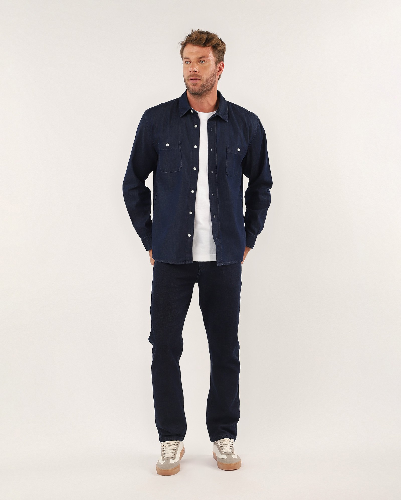 Camisa jeans masculina com bolsos - denim escuro | Pool Jeans