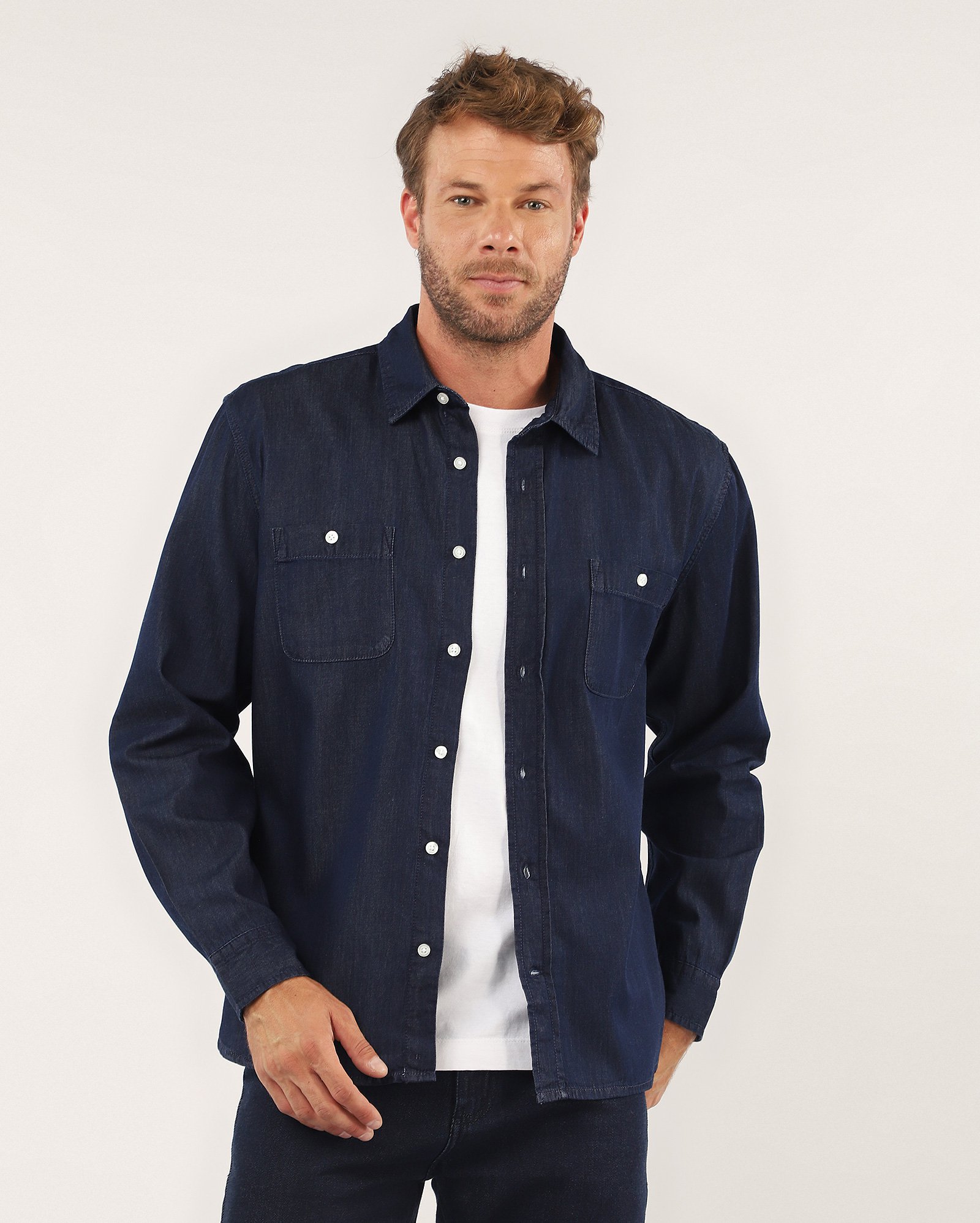Camisa jeans masculina com bolsos - denim escuro | Pool Jeans