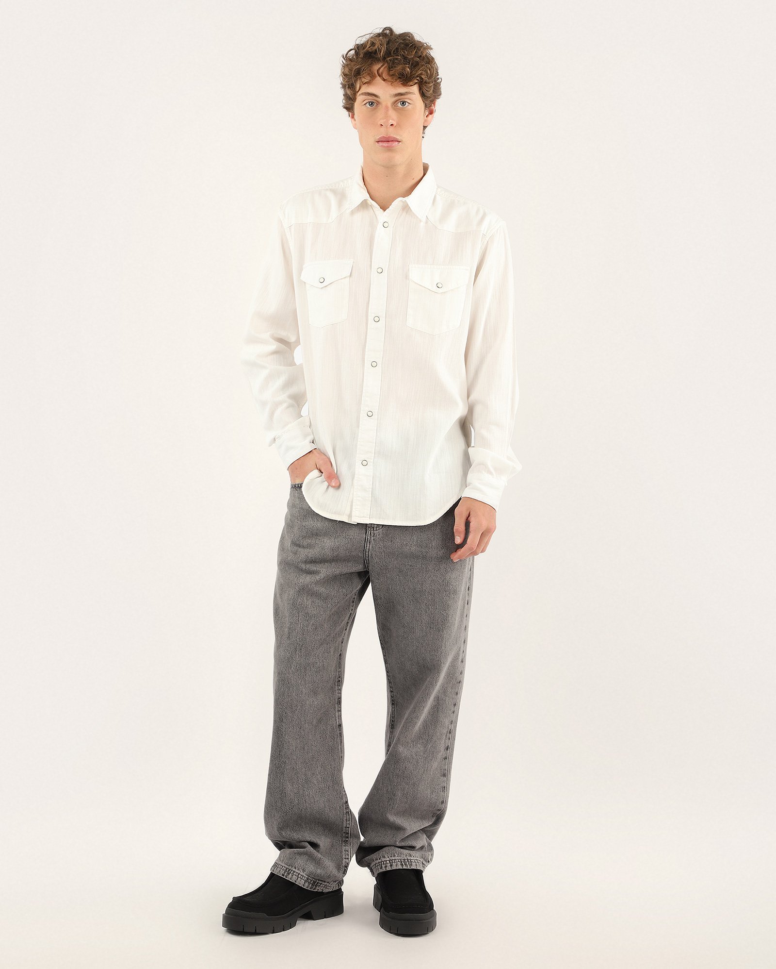 Camisa sarja masculina western com bolsos branca | Pool Jeans