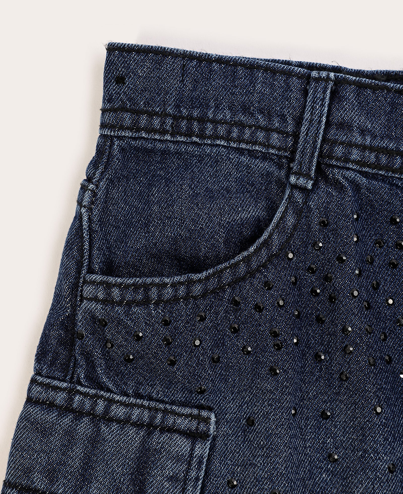 Saia jeans infantil bolsos cargo com strass 4-10A denim escuro | Pool Kids
