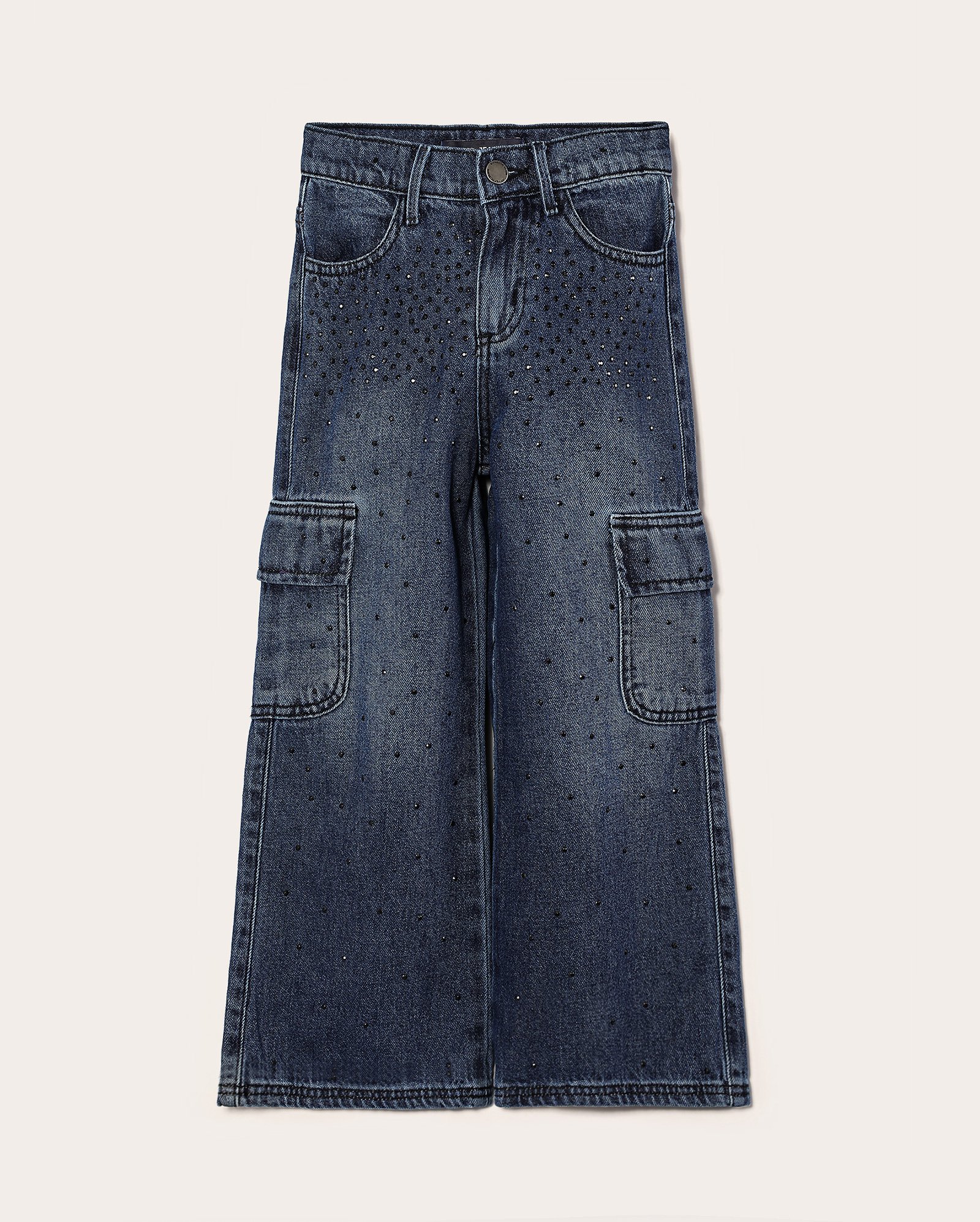 Calça jeans infantil wide leg cargo com strass 4-10A denim escuro | Pool Kids