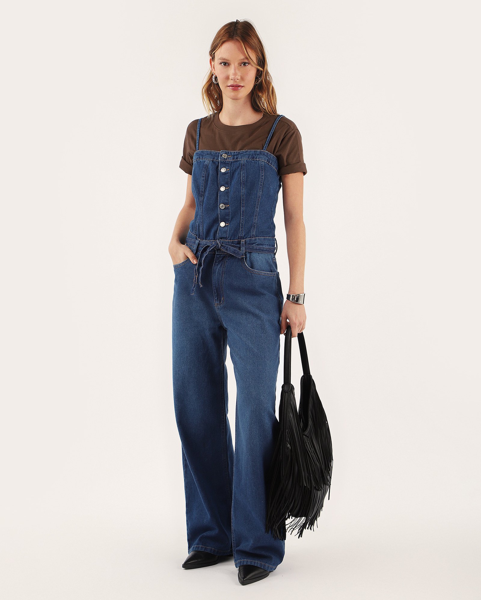 Macacão jeans feminino com faixa denim escuro | Pool Jeans