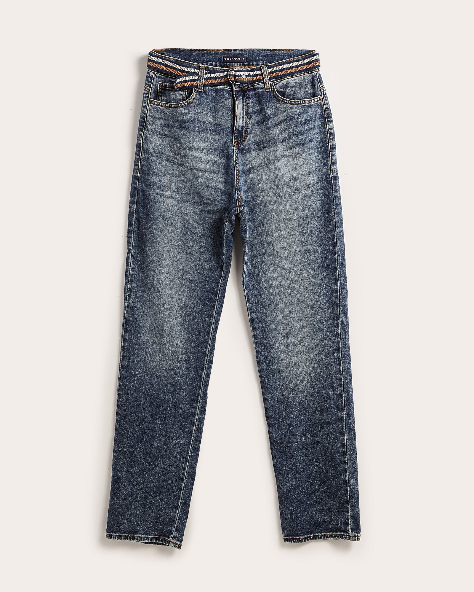 Calça jeans juvenil reta com cinto denim médio | Pool