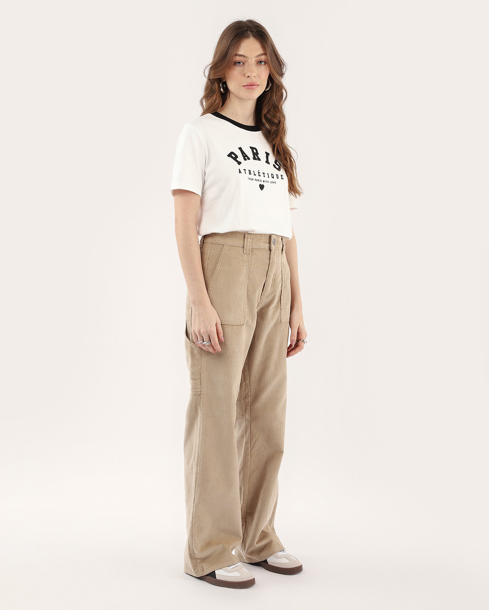 Calça sarja feminina wide slim cotelê bege | Pool Jeans