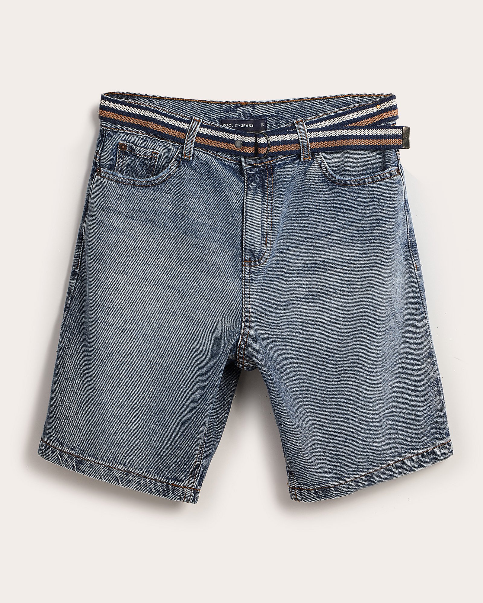 Bermuda jeans juvenil reta com cinto listrado denim médio | Pool