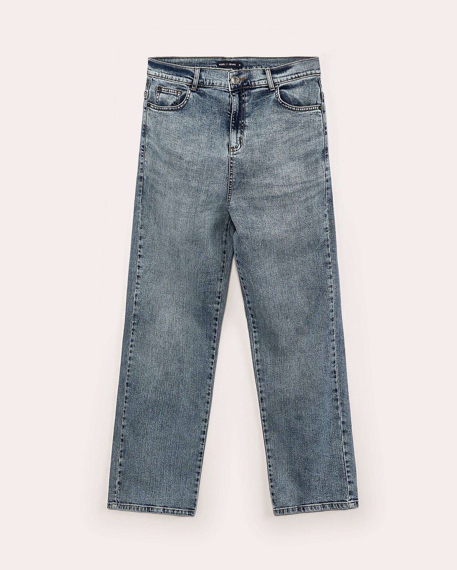 Calça jeans juvenil reta estonada com 5 bolsos denim médio | Pool