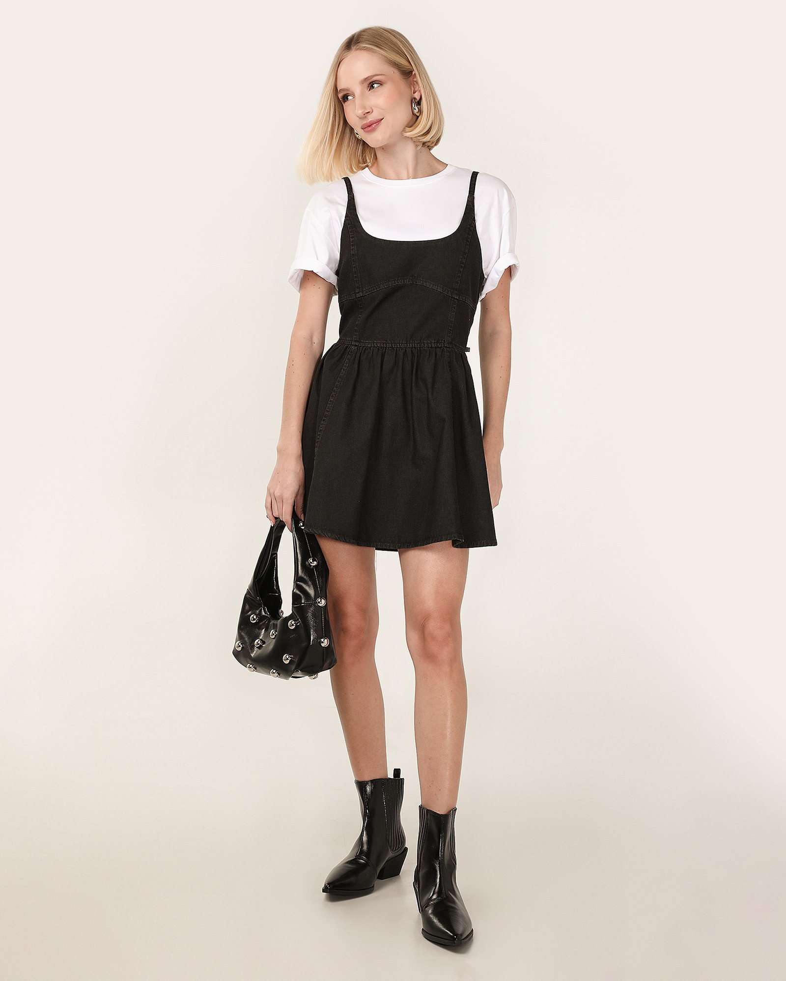 Vestido black jeans curto cintura marcada godê | Pool Jeans