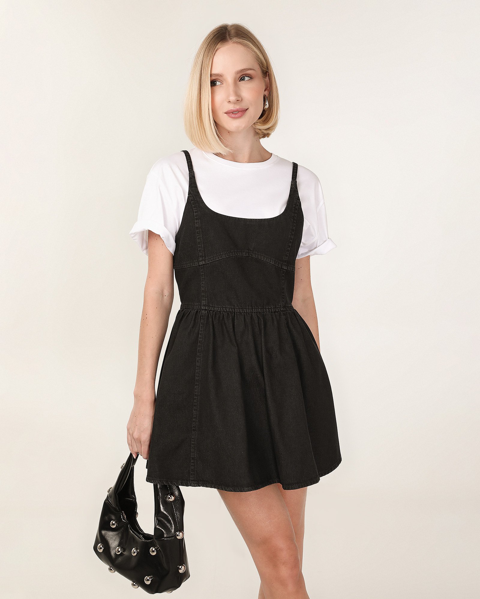 Vestido black jeans curto cintura marcada godê | Pool Jeans