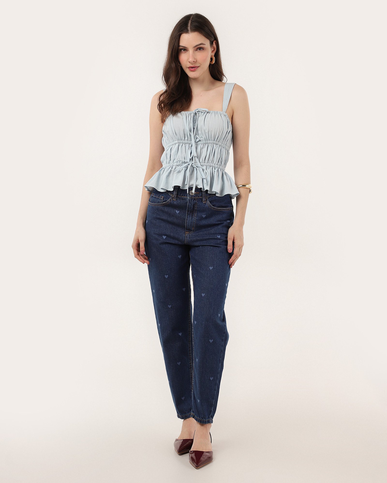 Calça jeans feminina mom cintura alta corações - Jeans Escuro | Pool Jeans