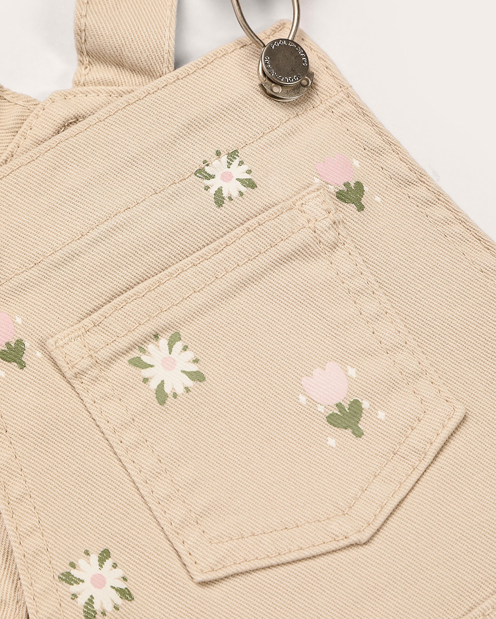 Jardineira jeans infantil floral 1-4A bege | Pool Jeans