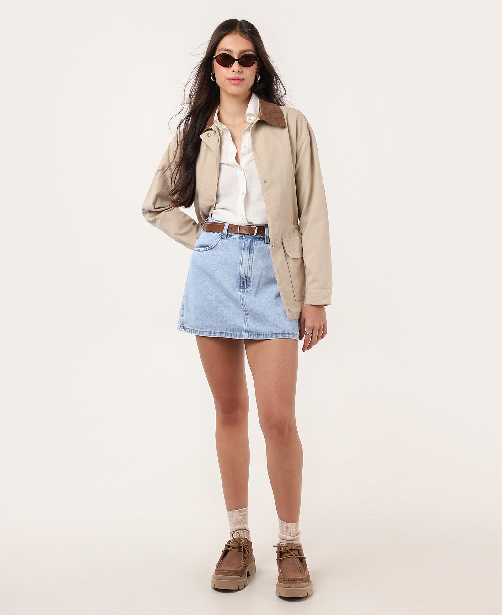 Mini saia jeans com cinto - Jeans Claro | Pool Jeans
