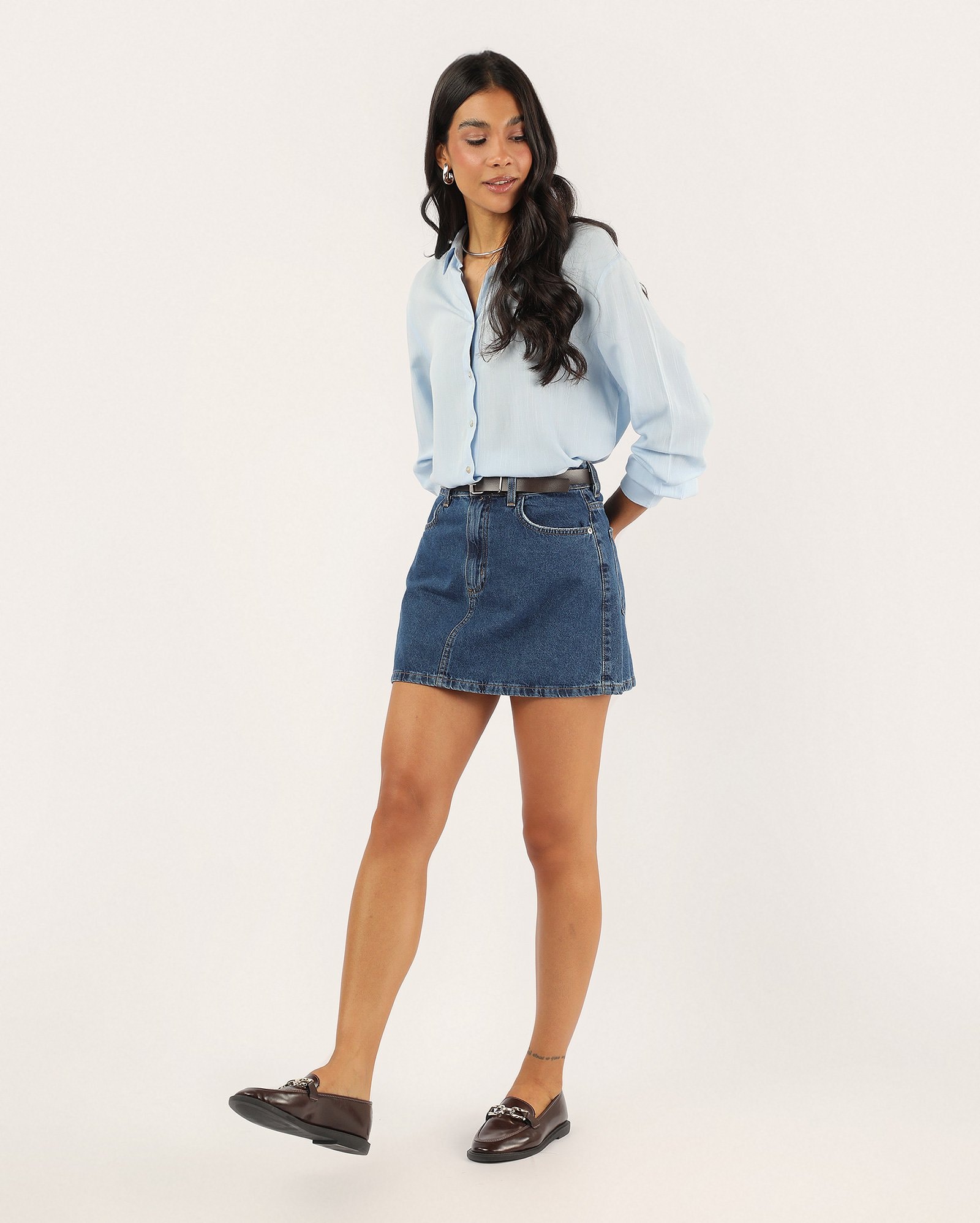 Mini saia jeans com cinto - Jeans Médio | Pool Jeans