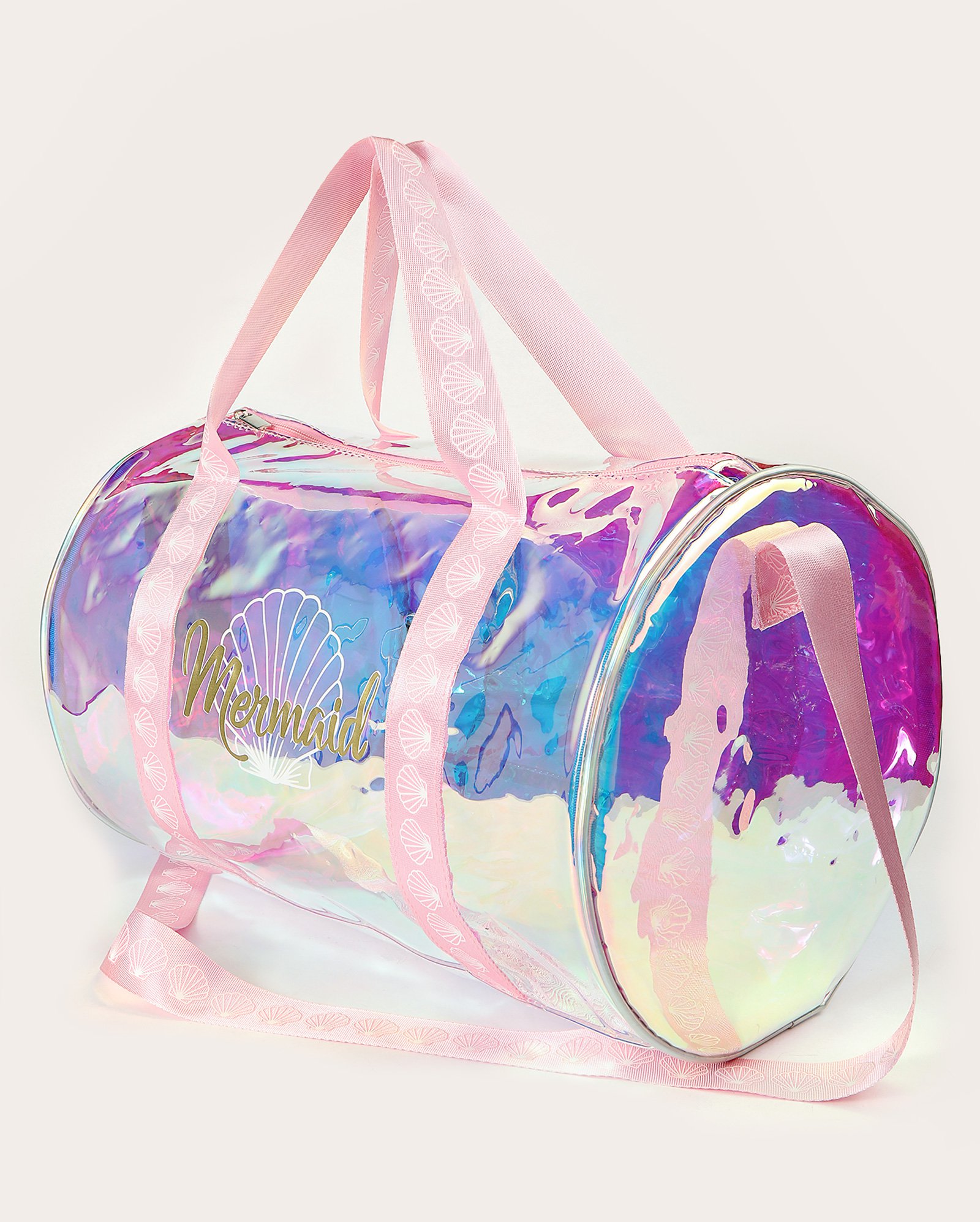 Bolsa infantil M holográfica cilindro sereia rosa