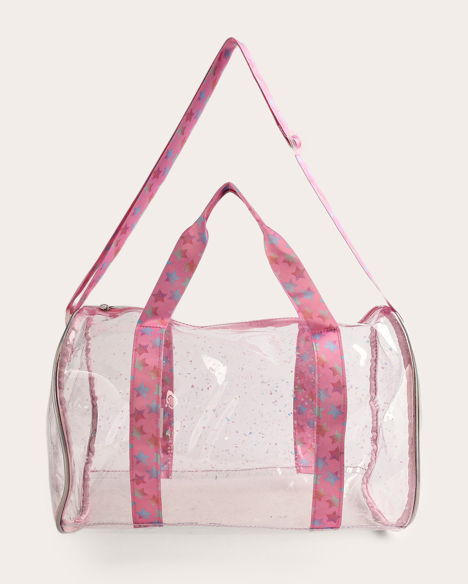 Bolsa infantil cilindro estrelas holográfico rosa
