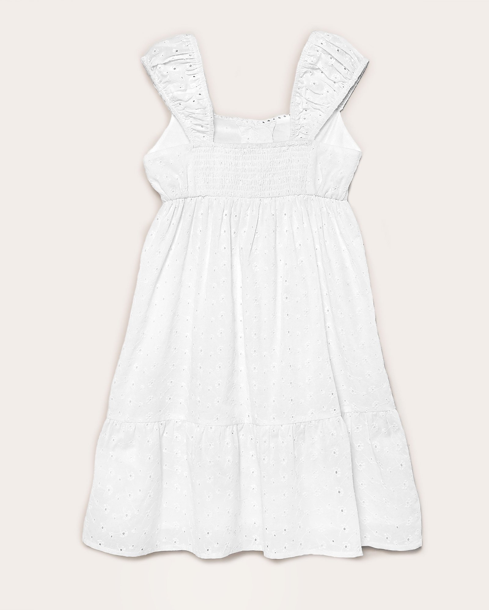Vestido curto juvenil evasê em laise com babados branco | Pool