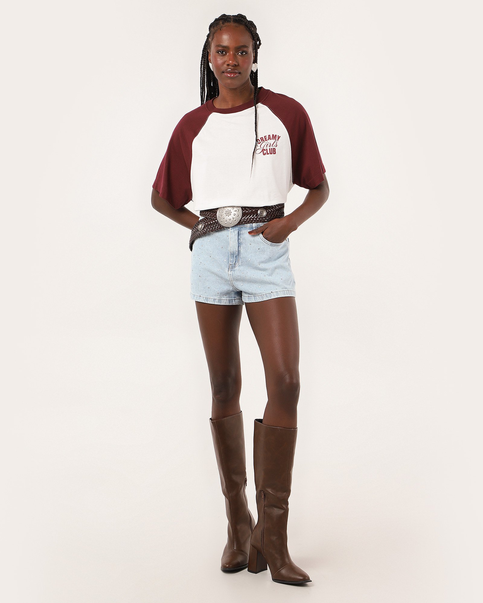 Short jeans feminino mom cintura alta strass denim médio | Pool Jeans