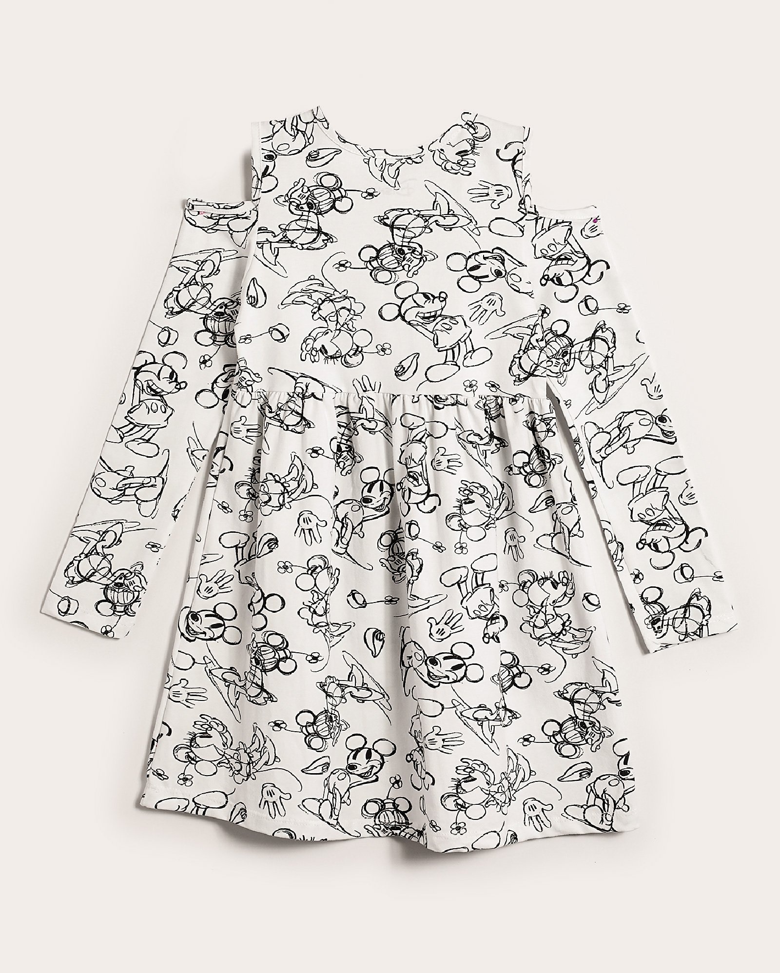 Vestido infantil curto open shoulder Minnie e Mickey 4-10A branco | Disney
