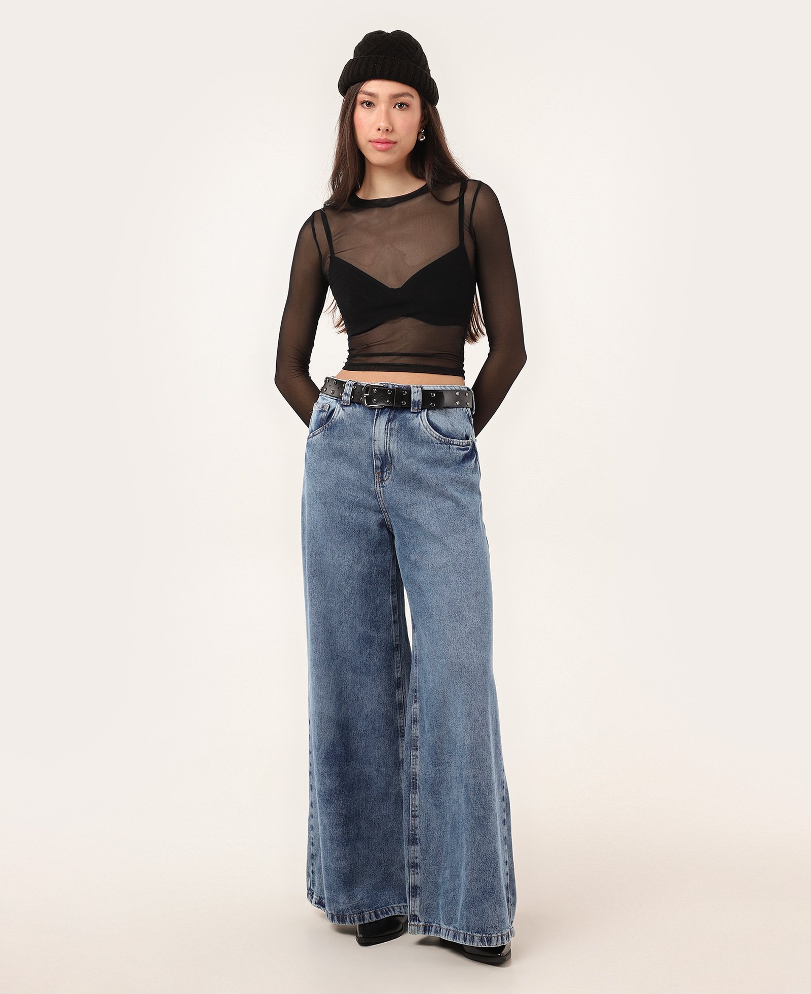 Calça jeans feminina palazzo com cinto cintura alta denim médio | Pool Jeans