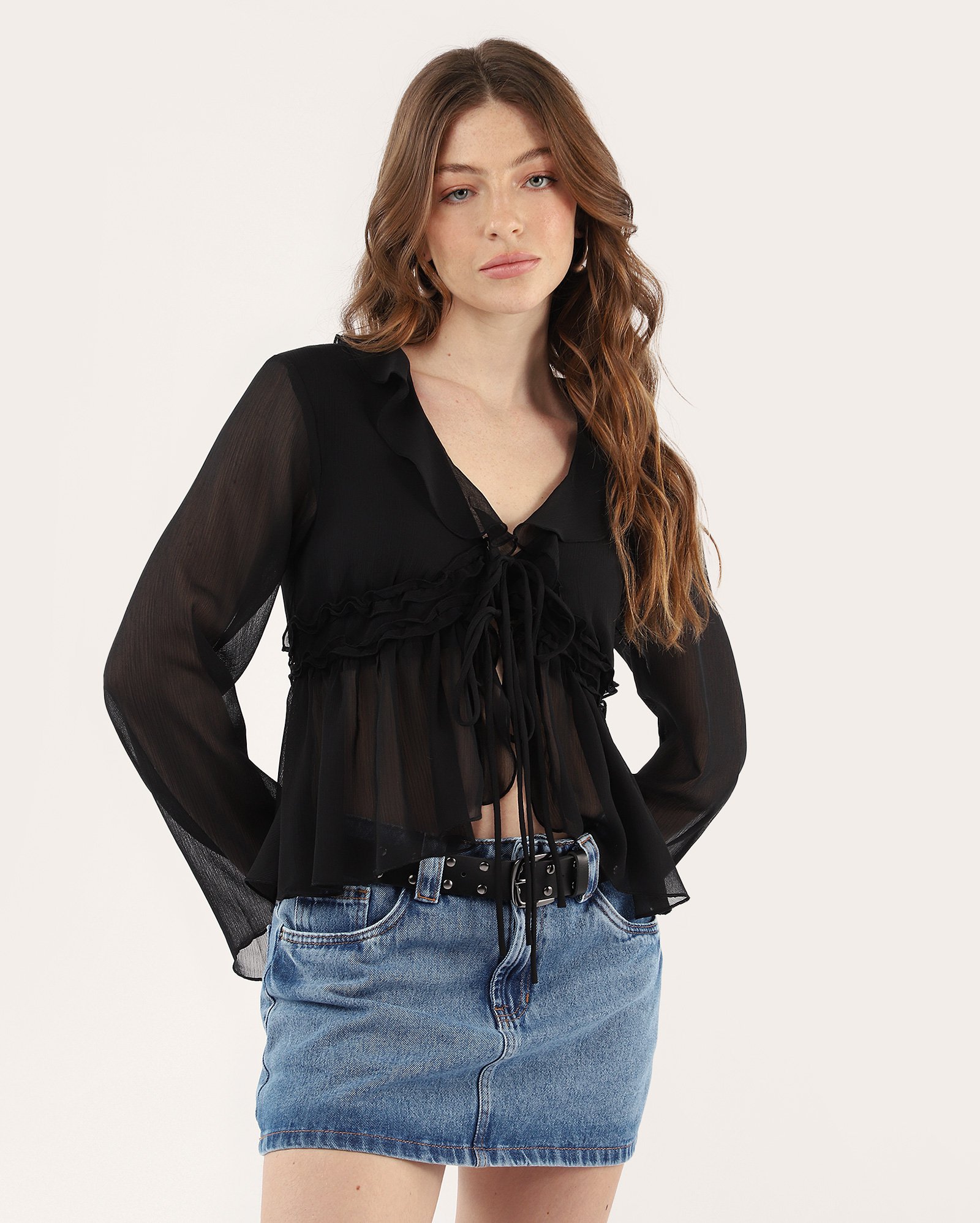 Mini saia jeans reta com cinto denim médio | Pool Jeans