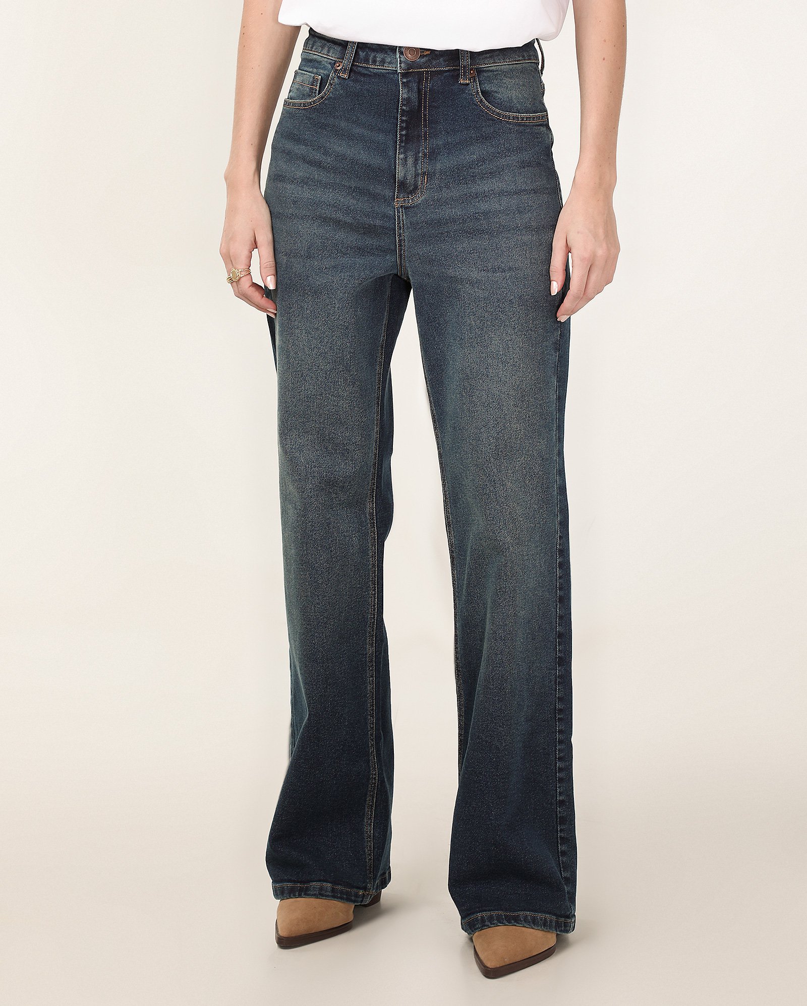Calça jeans feminina wide comfort cintura média denim escuro - Jeans Escuro | Pool Jeans