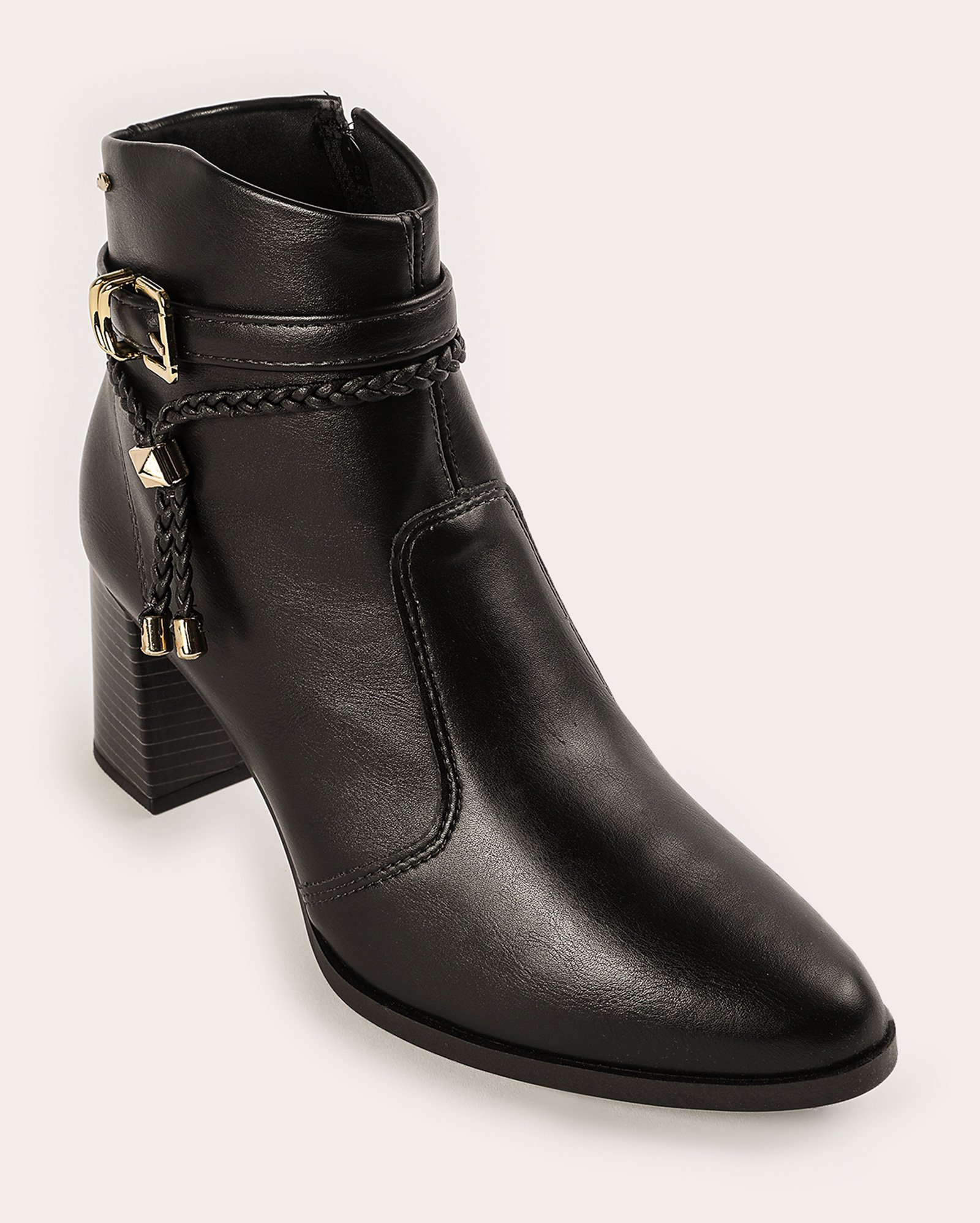 Bota feminina salto médio grosso com zíper e fivela preta | Dakota