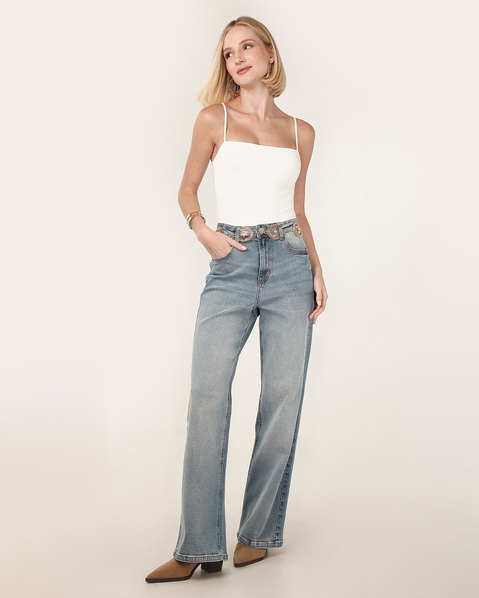 Calça jeans feminina wide comfort cintura média denim médio - Jeans Médio | Pool Jeans